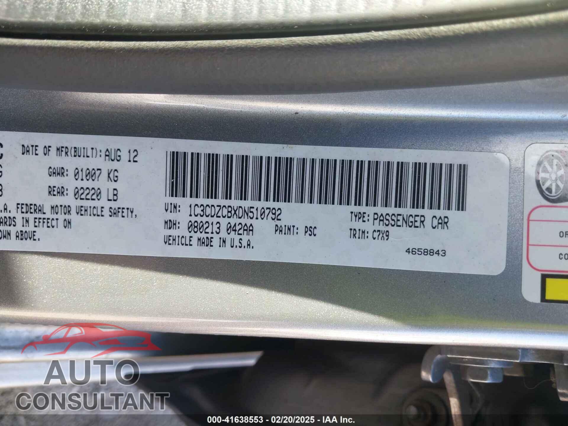 DODGE AVENGER 2013 - 1C3CDZCBXDN510792