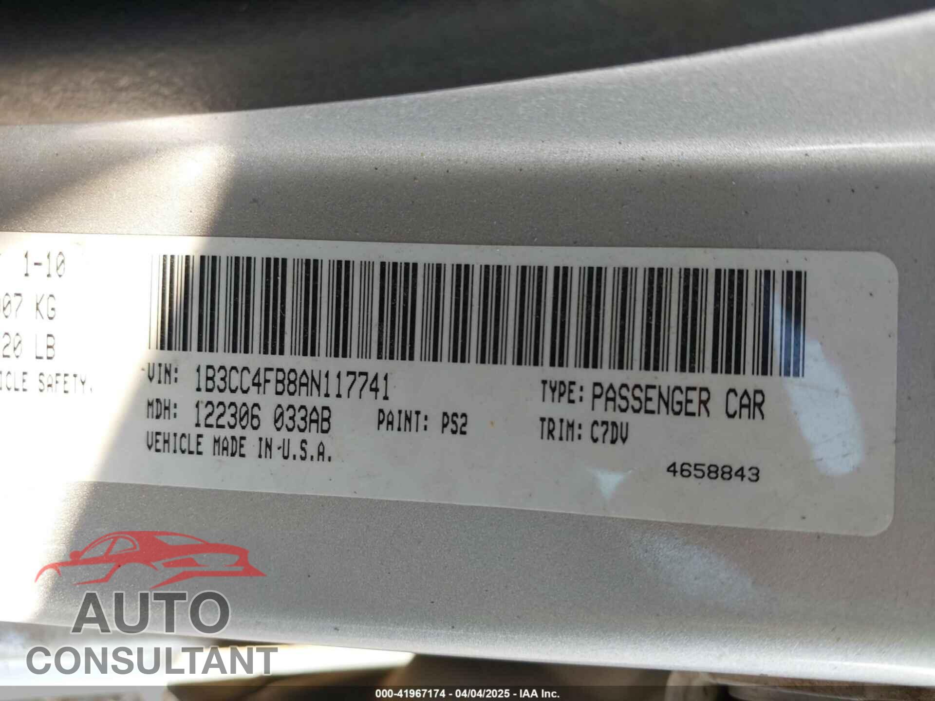 DODGE AVENGER 2010 - 1B3CC4FB8AN117741