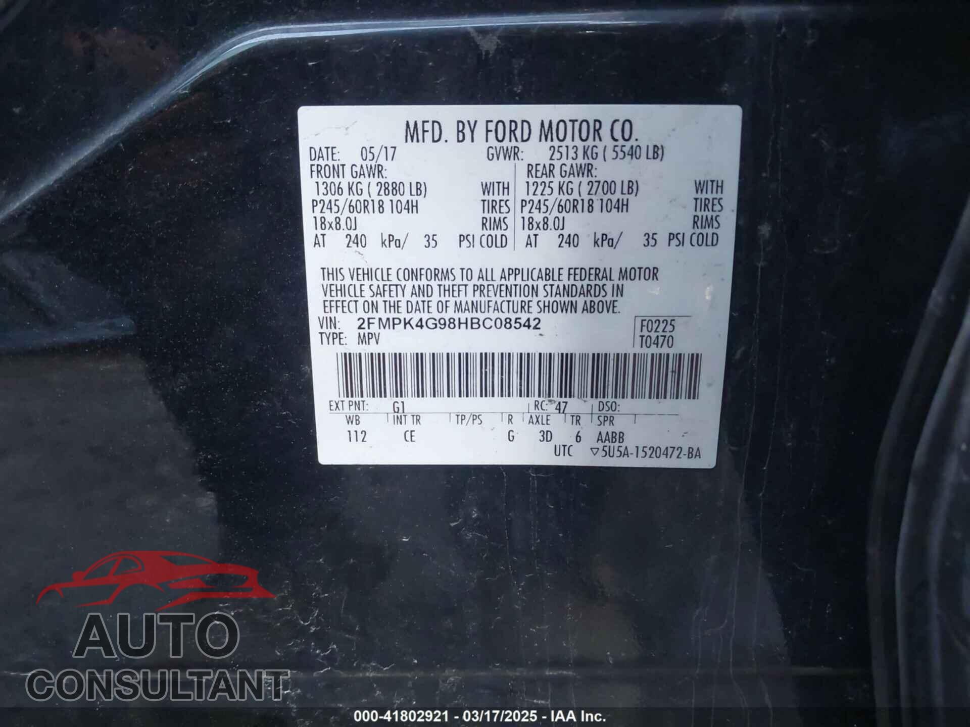 FORD EDGE 2017 - 2FMPK4G98HBC08542