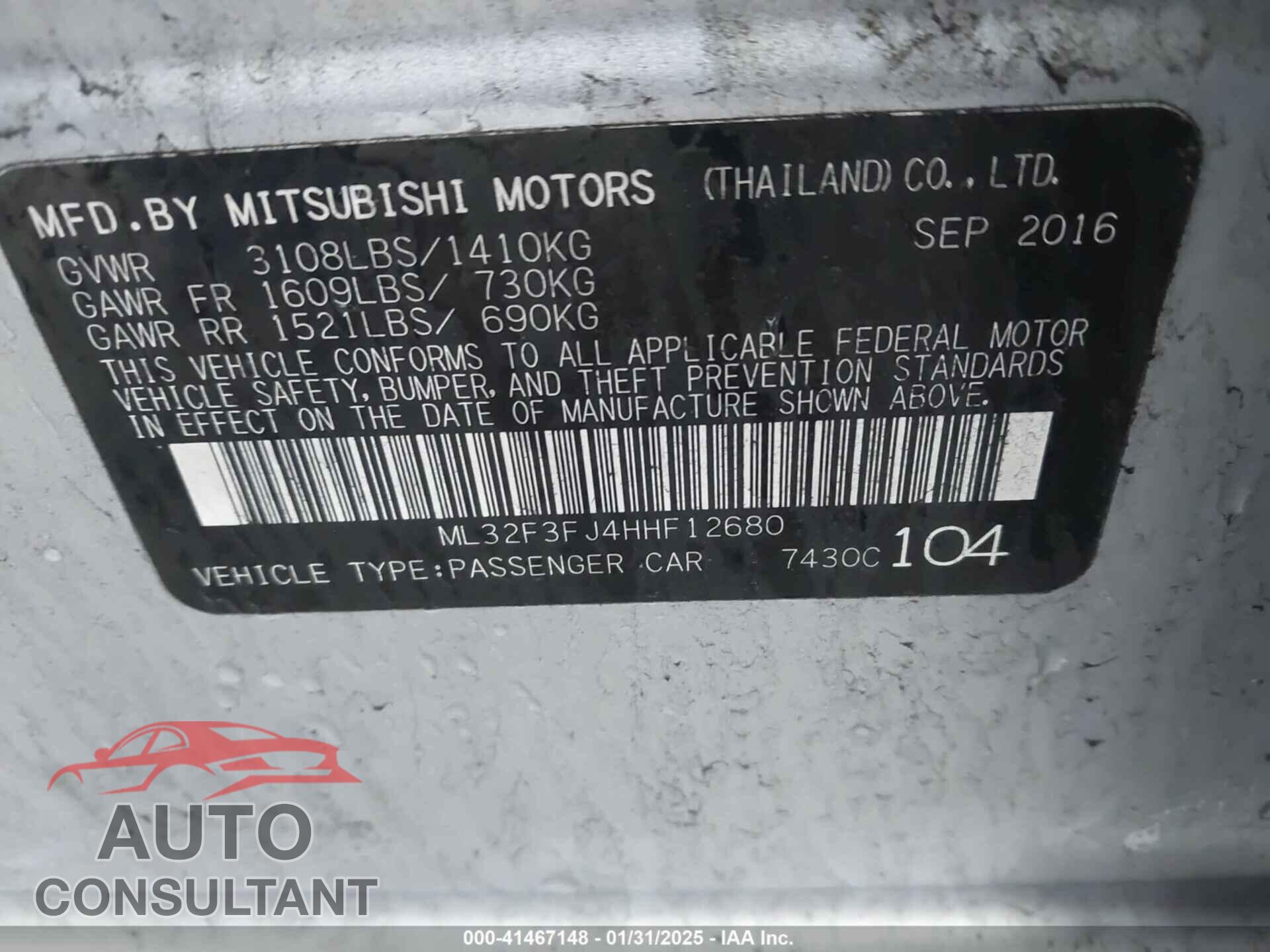 MITSUBISHI MIRAGE G4 2017 - ML32F3FJ4HHF12680