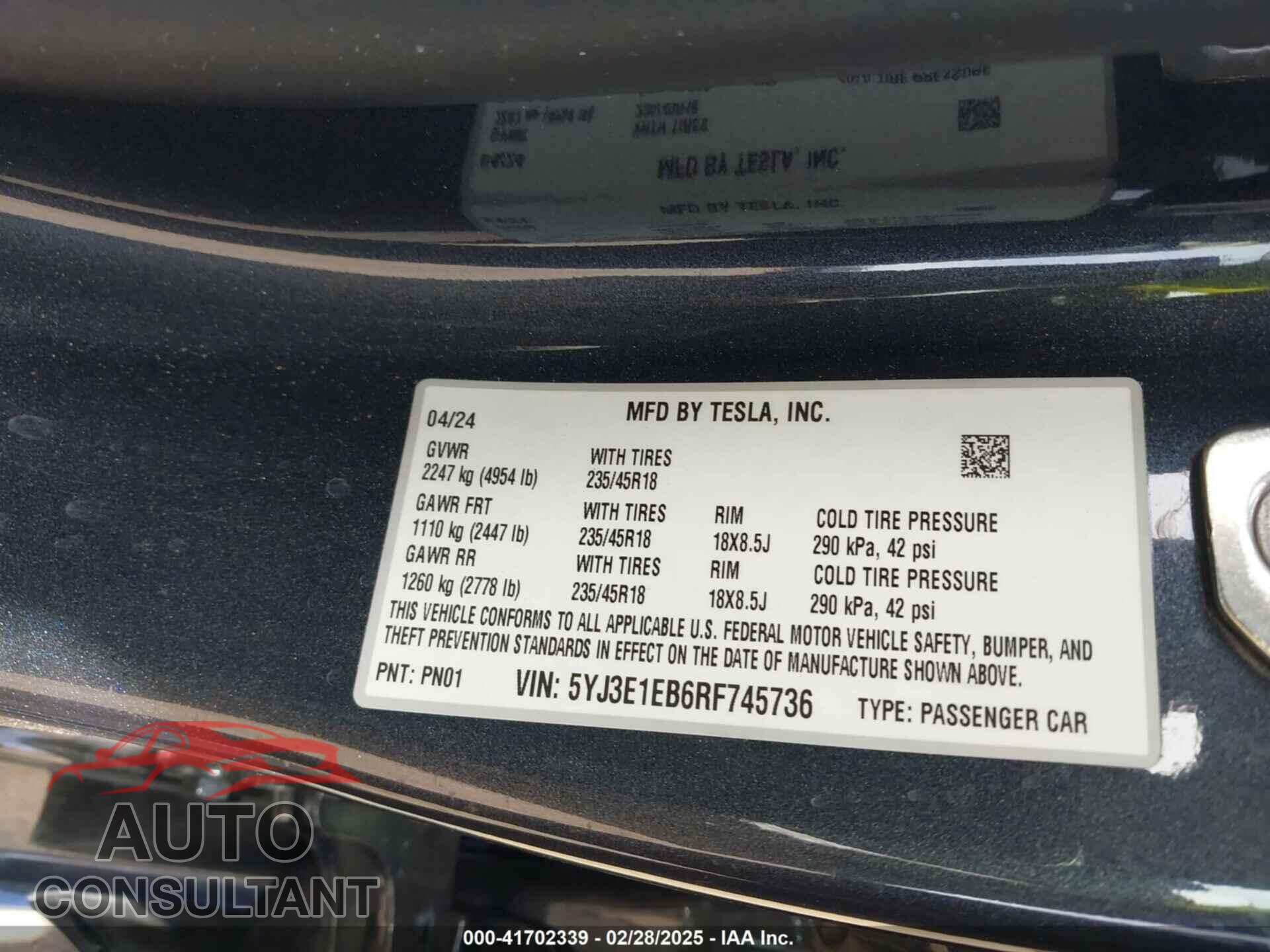 TESLA MODEL 3 2024 - 5YJ3E1EB6RF745736