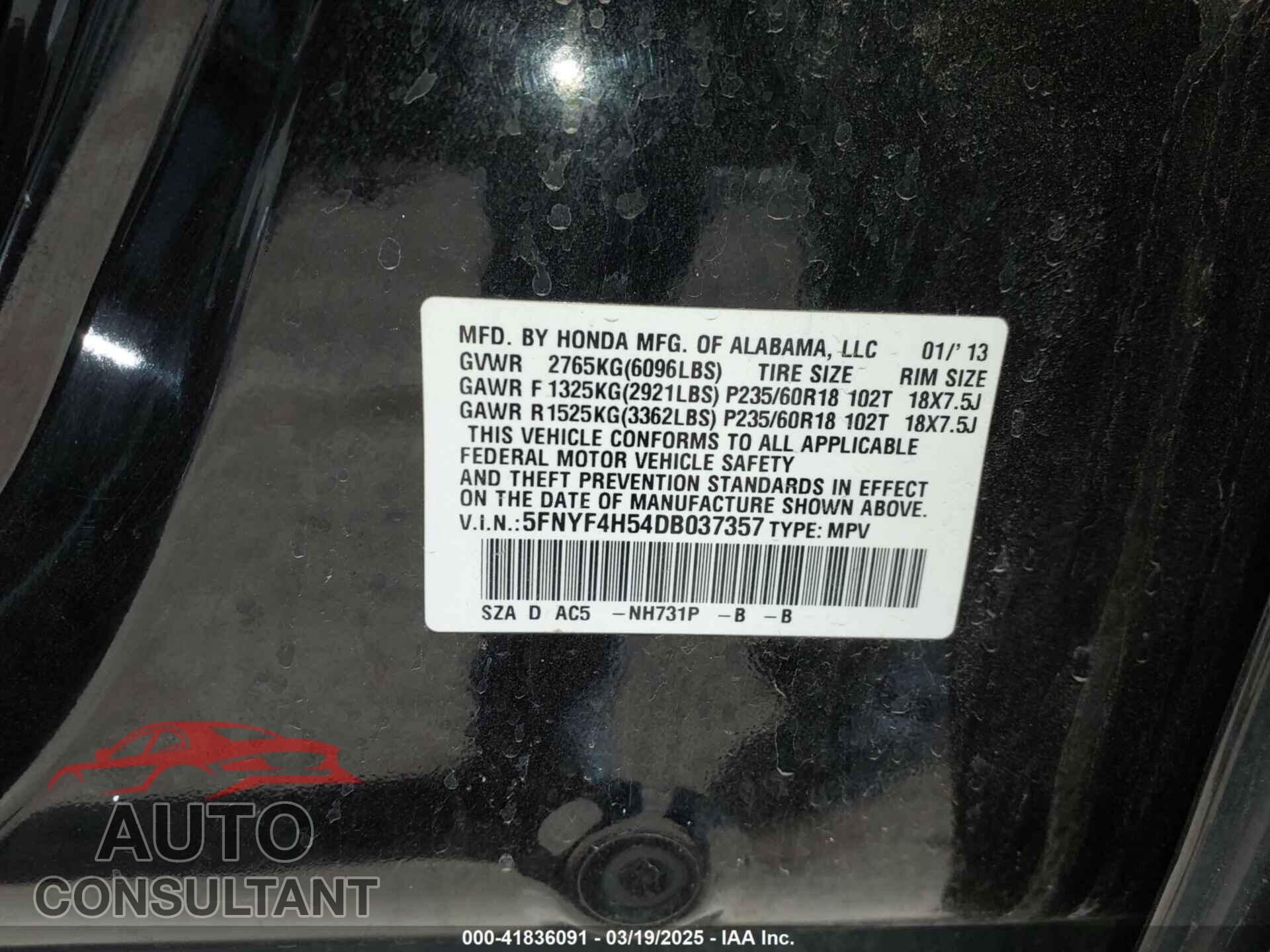 HONDA PILOT 2013 - 5FNYF4H54DB037357