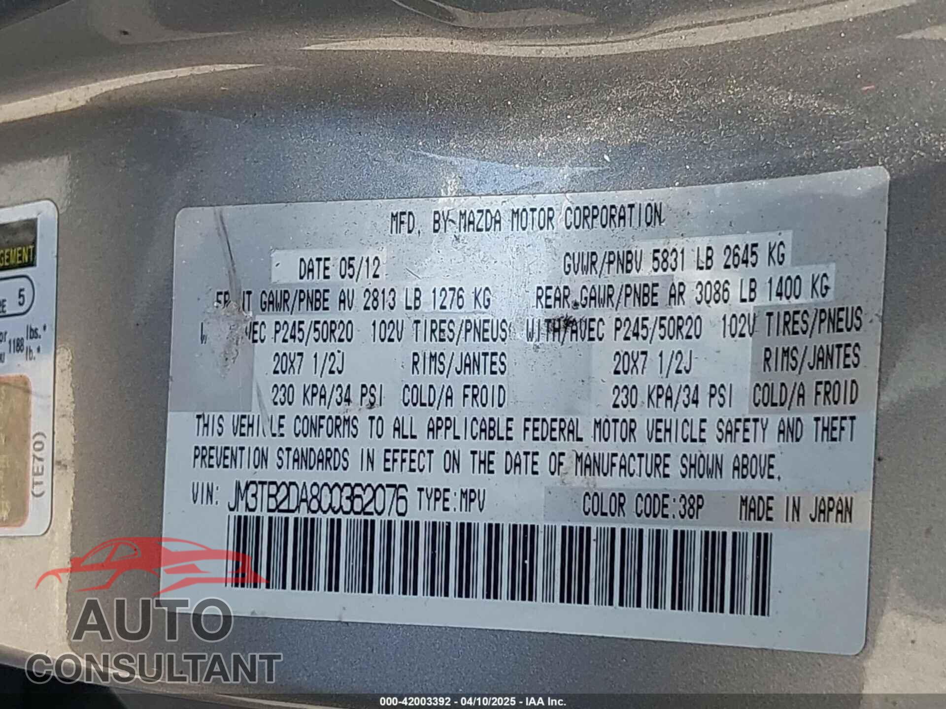 MAZDA CX-9 2012 - JM3TB2DA8C0362076