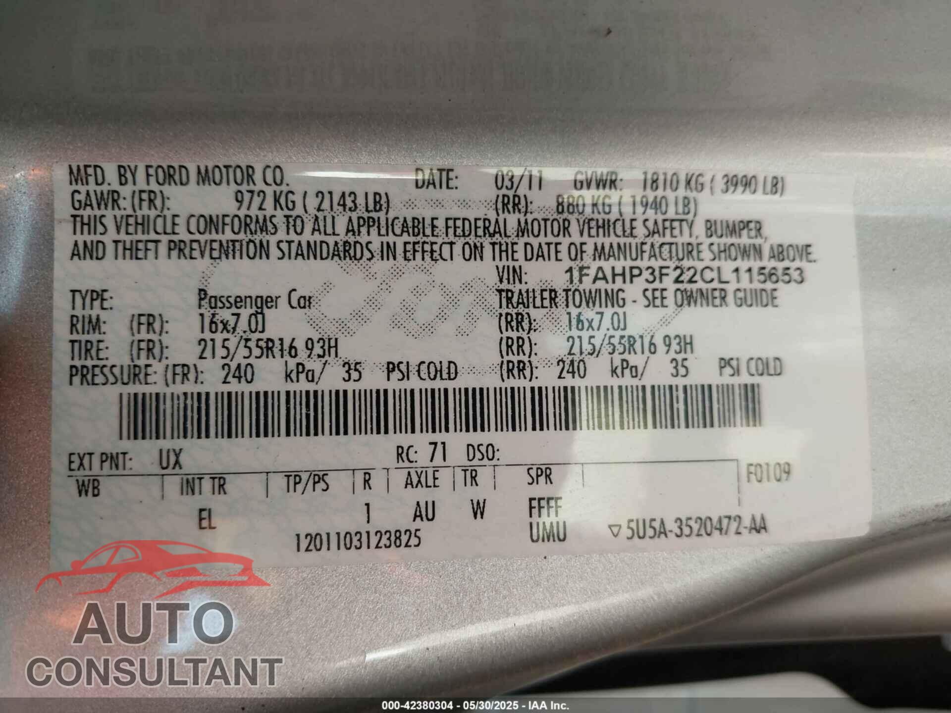FORD FOCUS 2012 - 1FAHP3F22CL115653