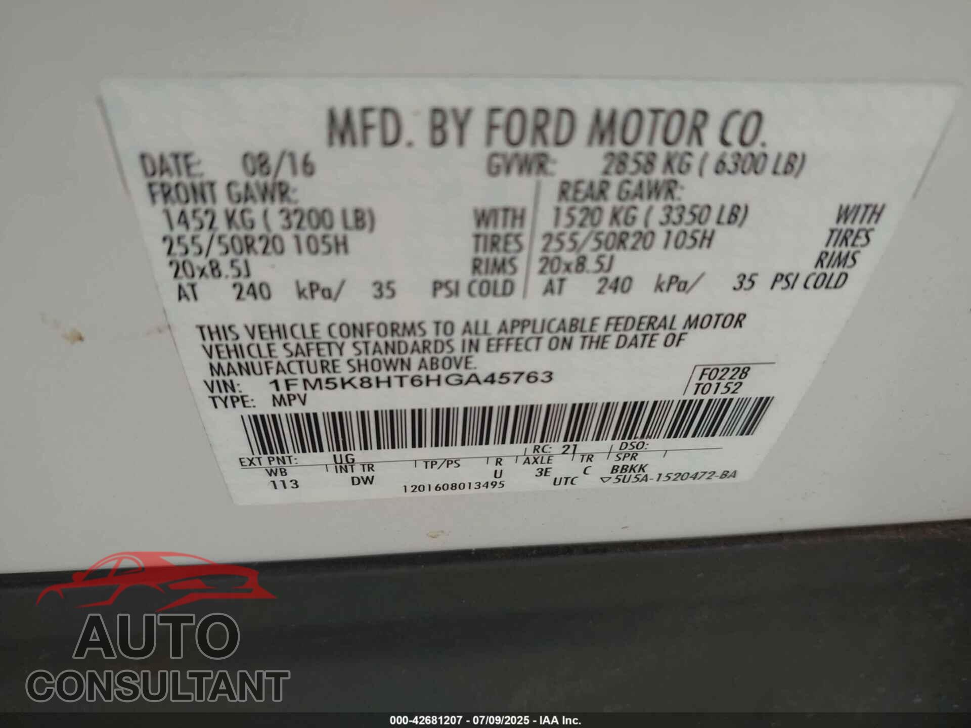 FORD EXPLORER 2017 - 1FM5K8HT6HGA45763