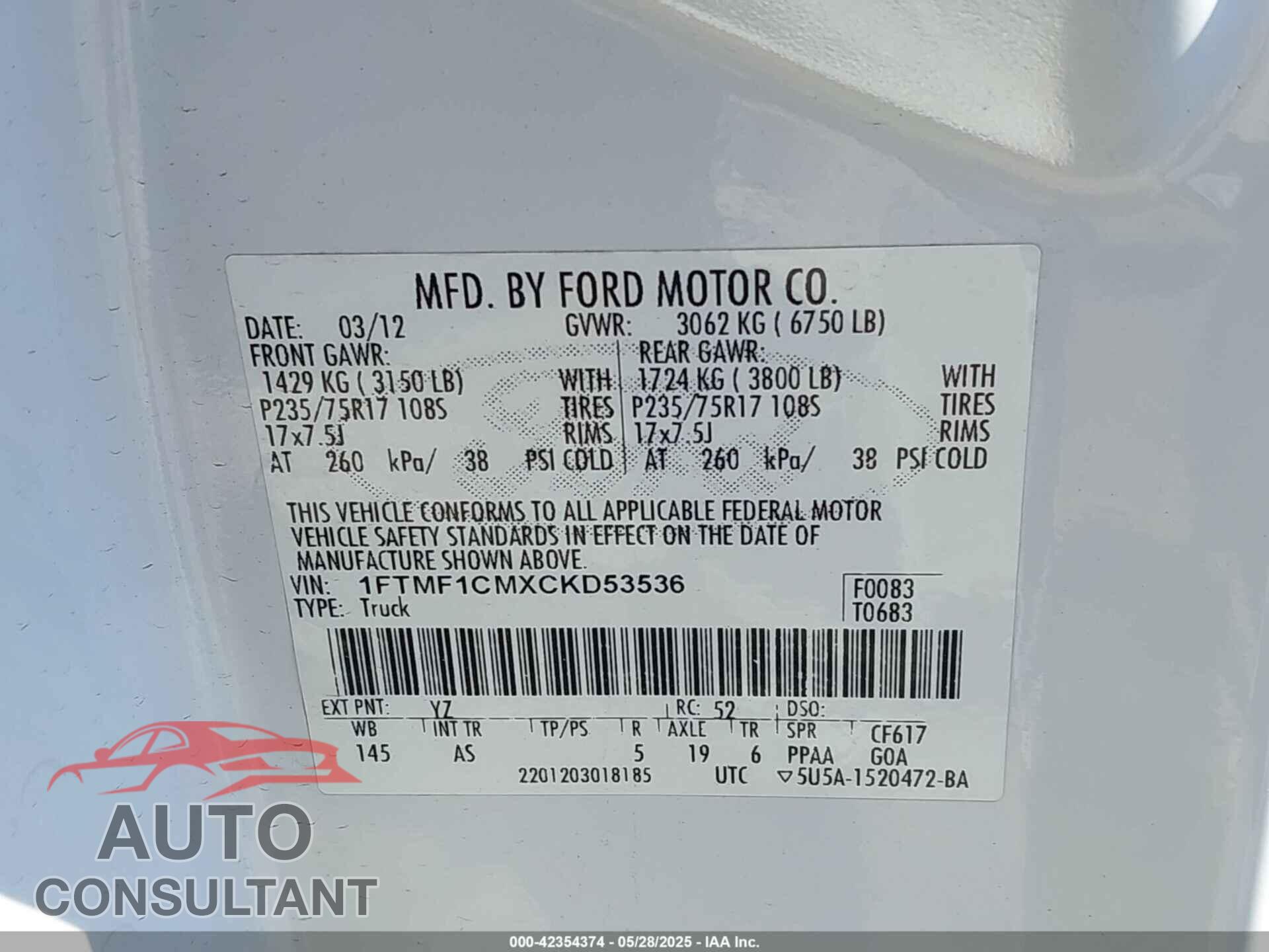FORD F-150 2012 - 1FTMF1CMXCKD53536