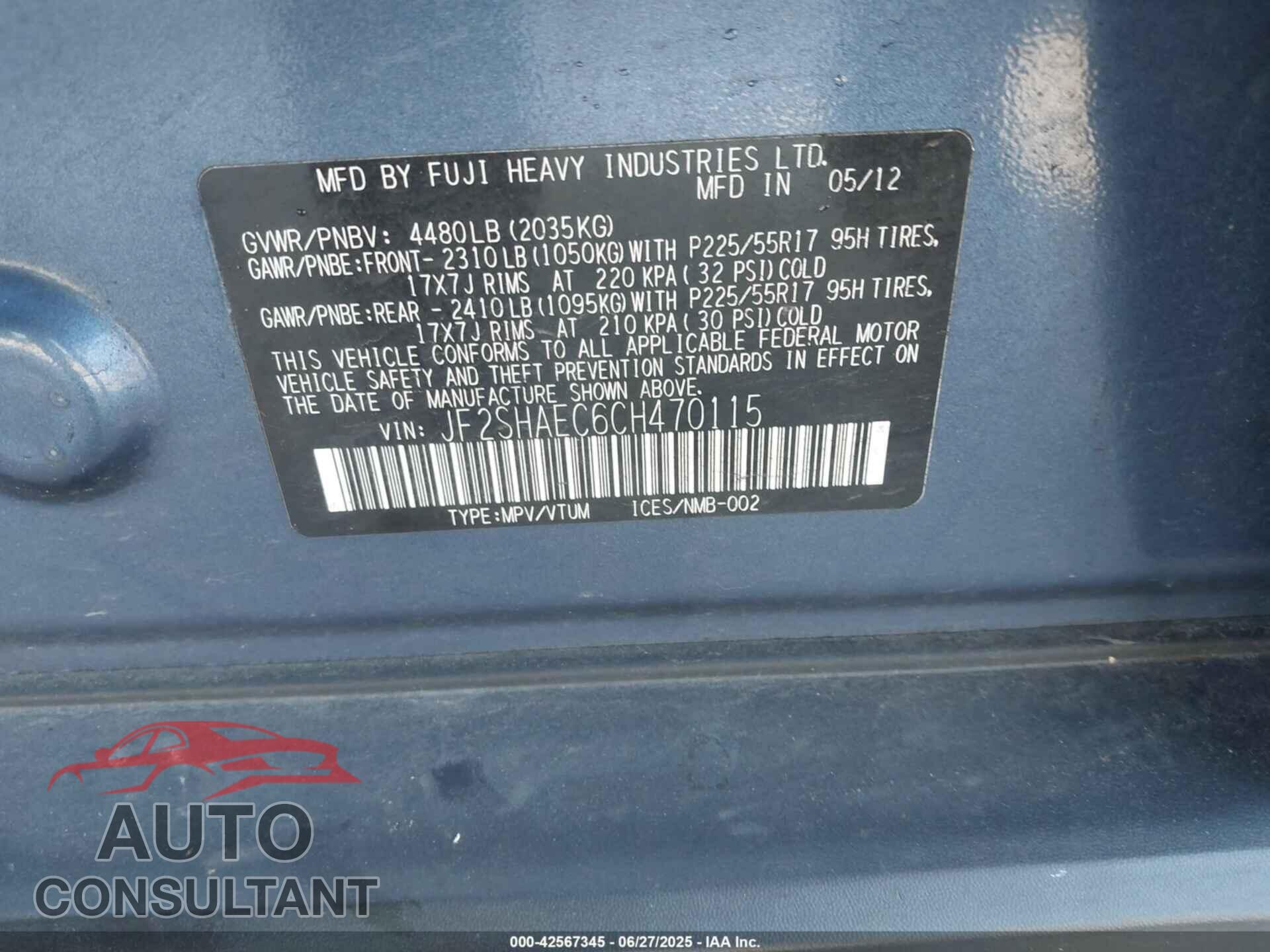SUBARU FORESTER 2012 - JF2SHAEC6CH470115
