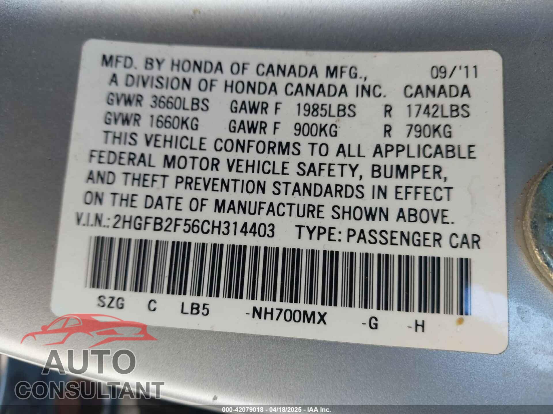 HONDA CIVIC 2012 - 2HGFB2F56CH314403