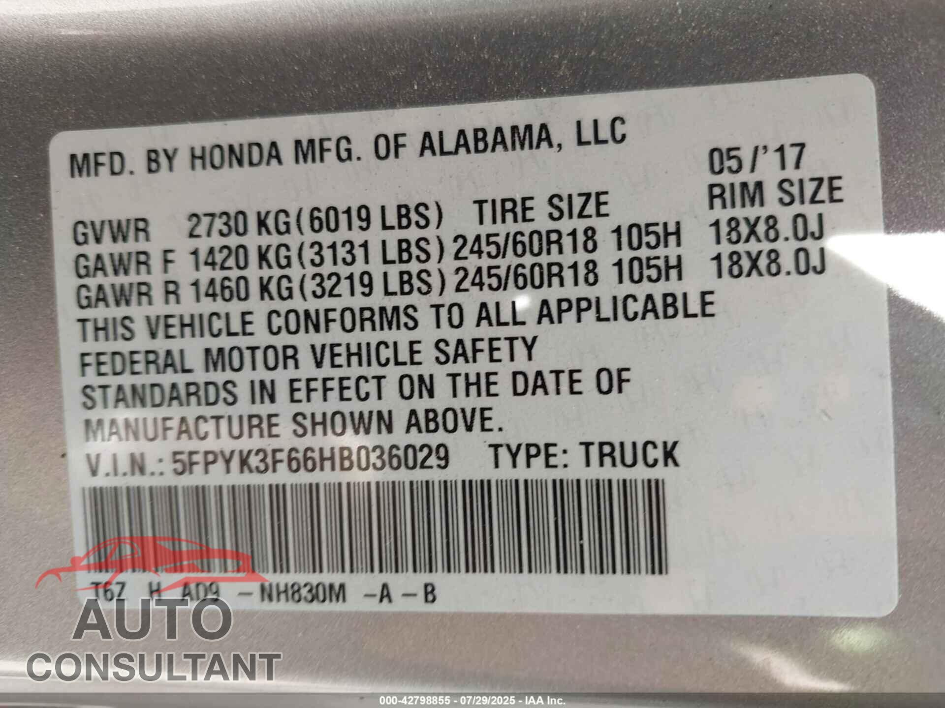 HONDA RIDGELINE 2017 - 5FPYK3F66HB036029