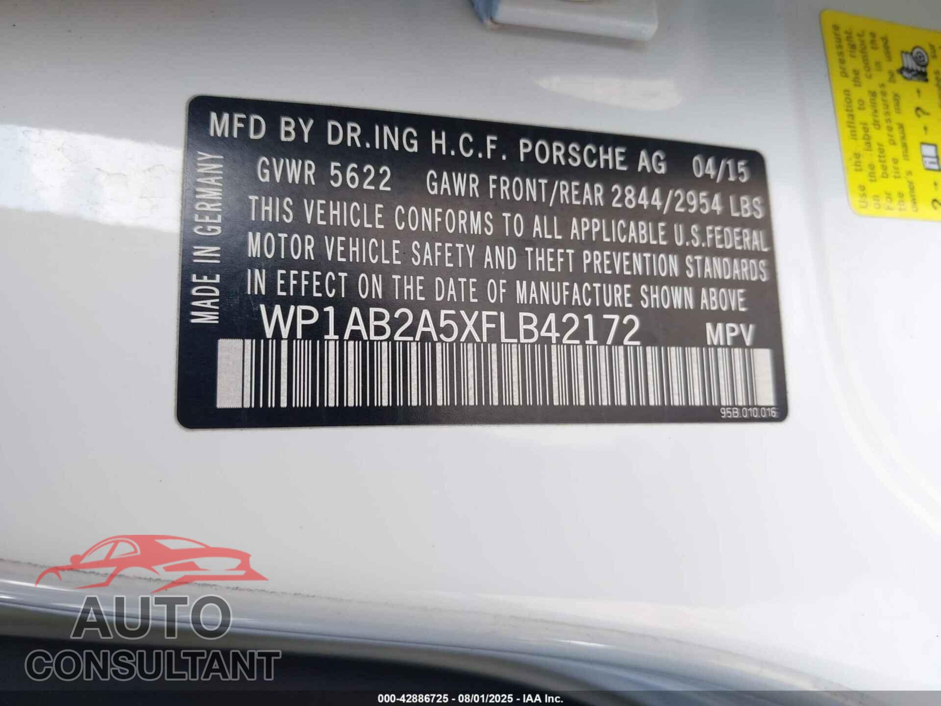 PORSCHE MACAN 2015 - WP1AB2A5XFLB42172