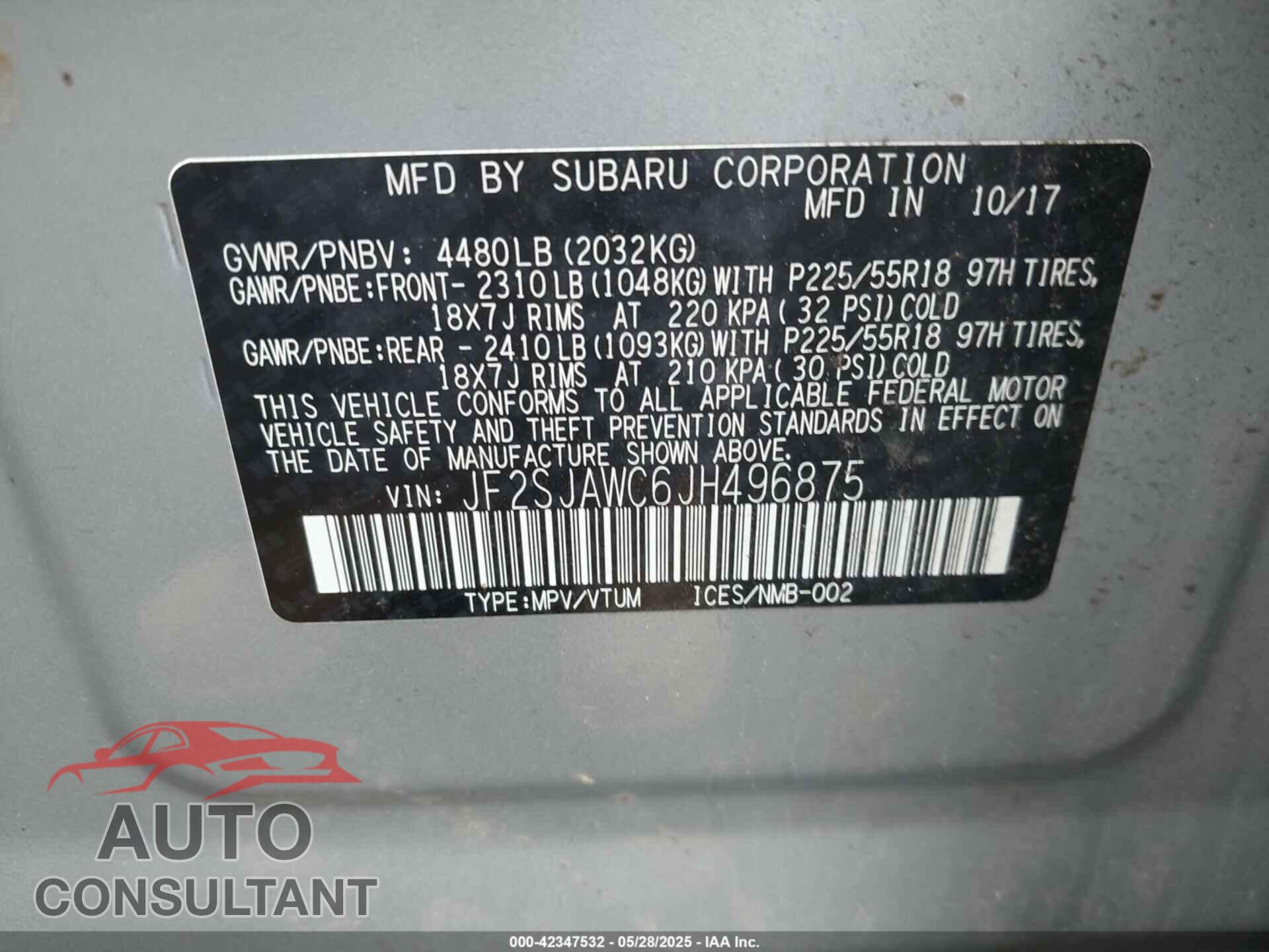 SUBARU FORESTER 2018 - JF2SJAWC6JH496875