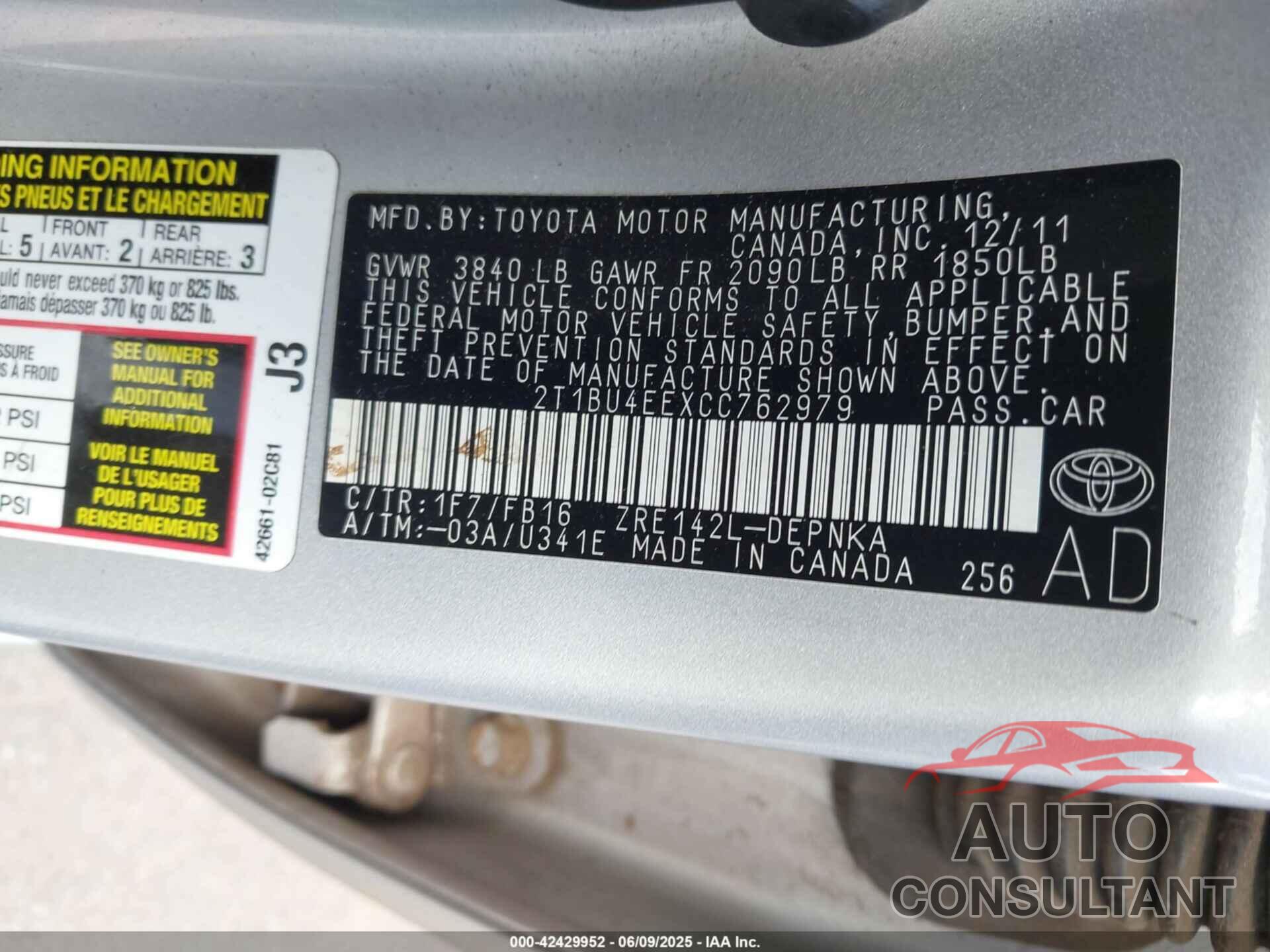 TOYOTA COROLLA 2012 - 2T1BU4EEXCC762979