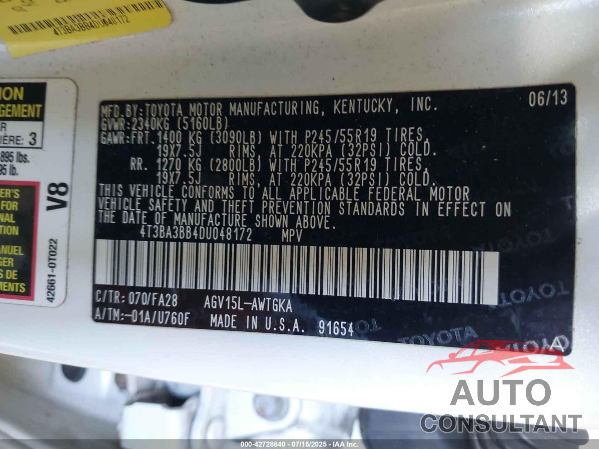 TOYOTA VENZA 2013 - 4T3BA3BB4DU048172