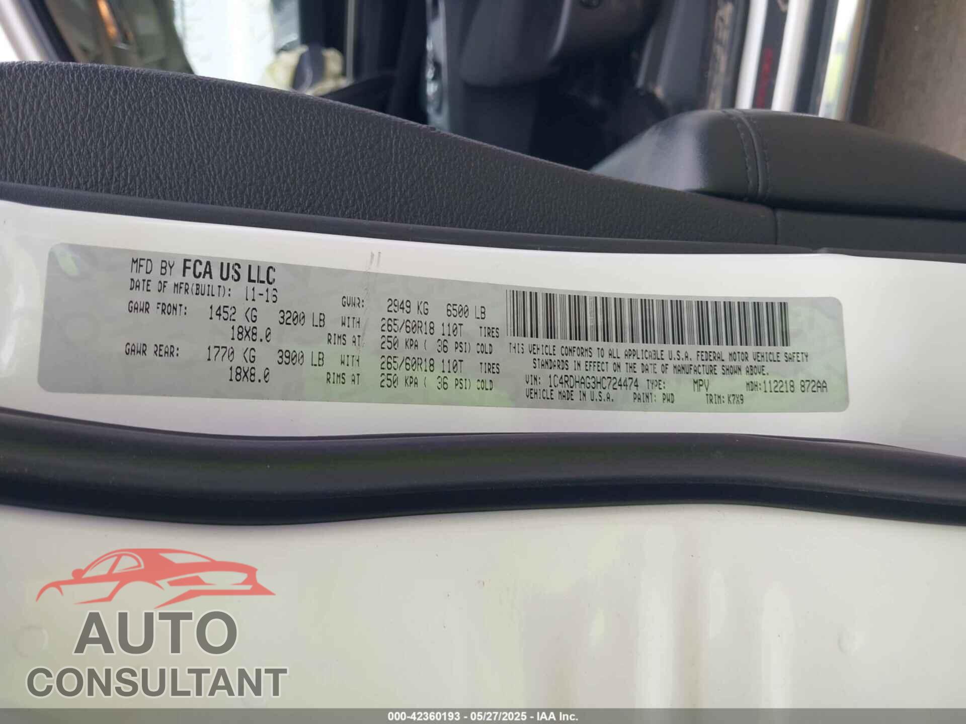 DODGE DURANGO 2017 - 1C4RDHAG3HC724474