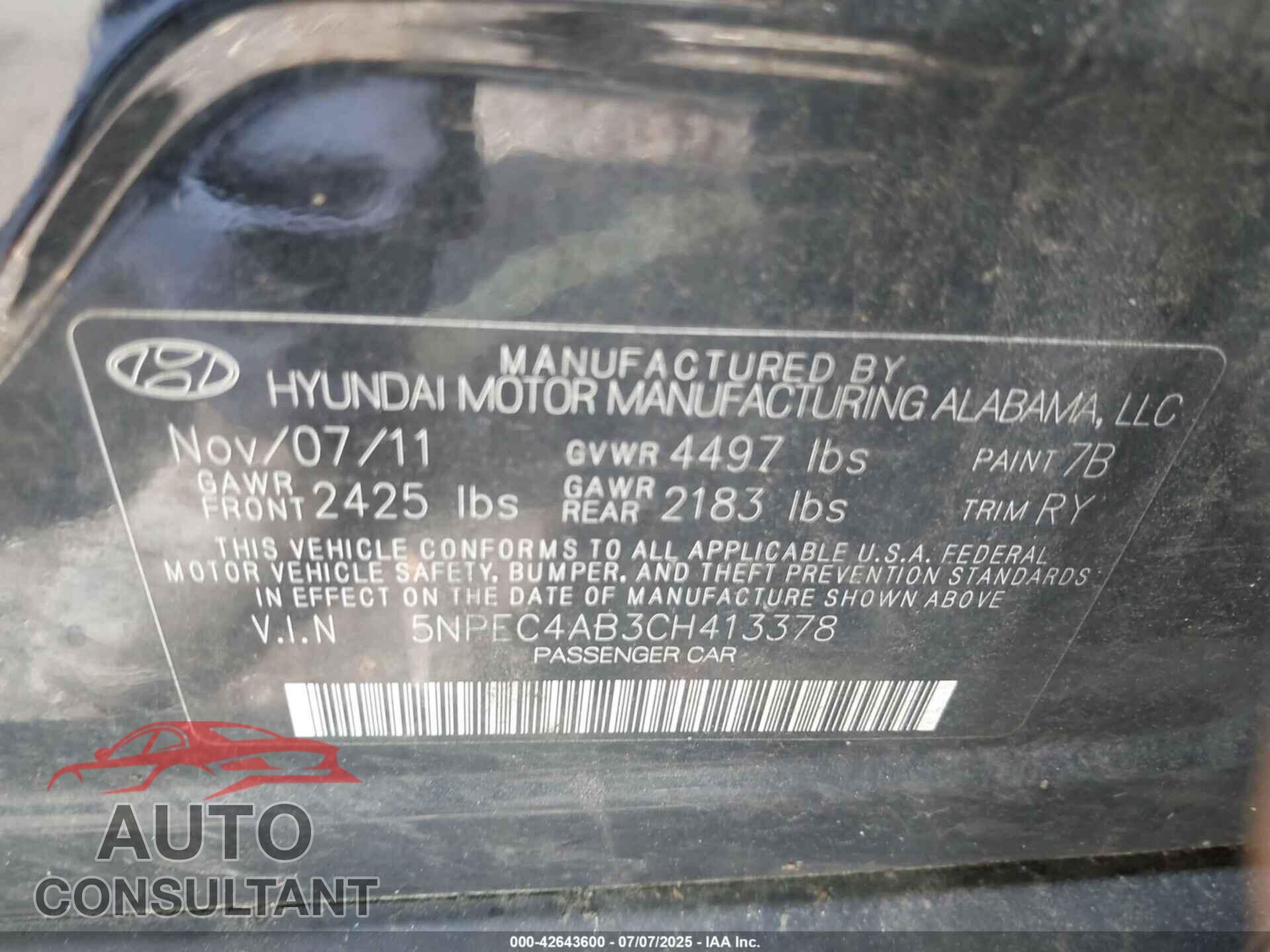 HYUNDAI SONATA 2012 - 5NPEC4AB3CH413378