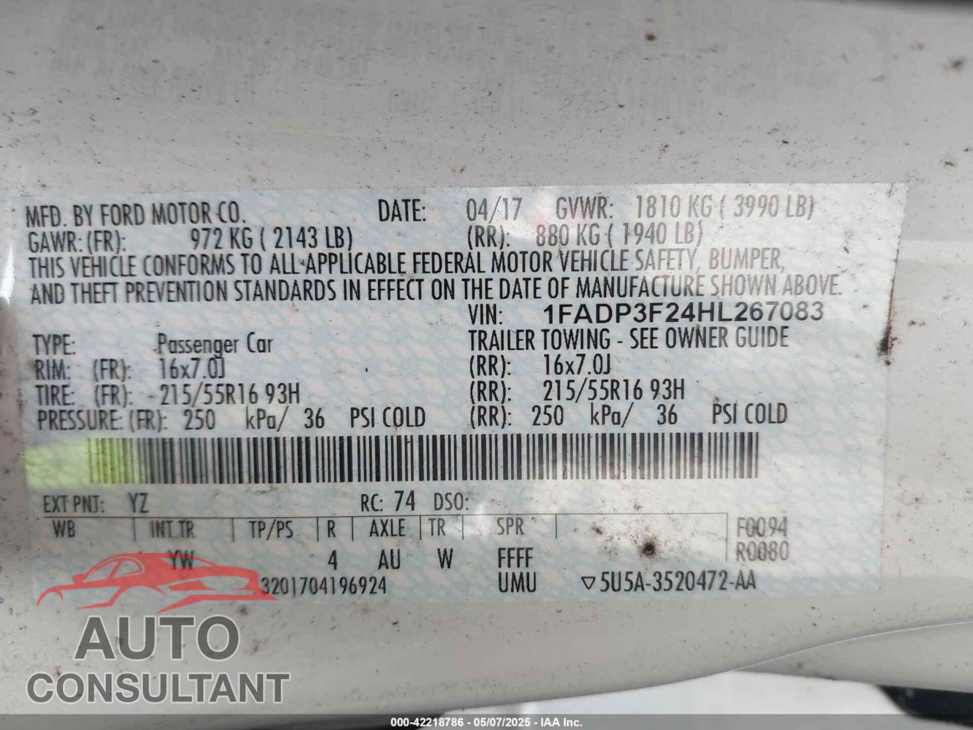 FORD FOCUS 2017 - 1FADP3F24HL267083