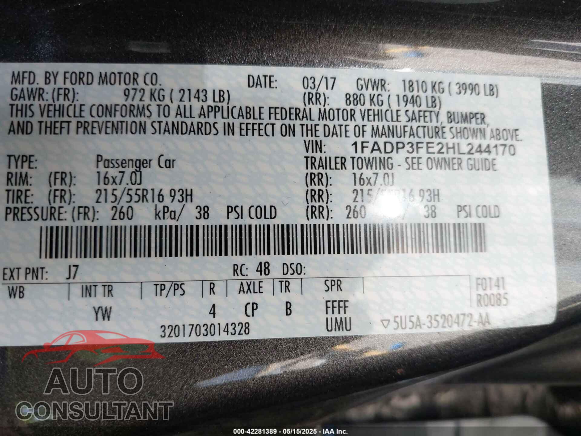FORD FOCUS 2017 - 1FADP3FE2HL244170