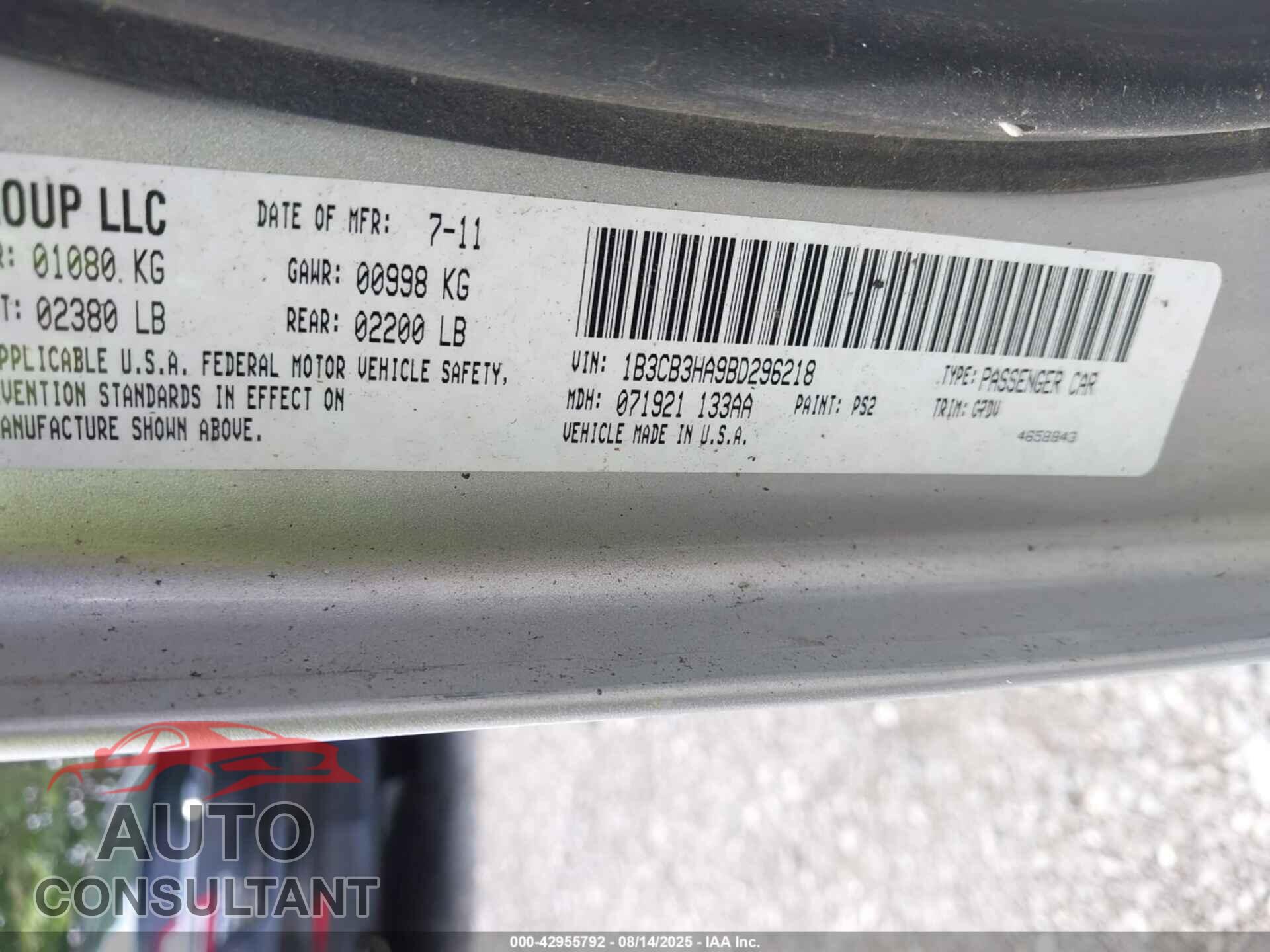 DODGE CALIBER 2011 - 1B3CB3HA9BD296218