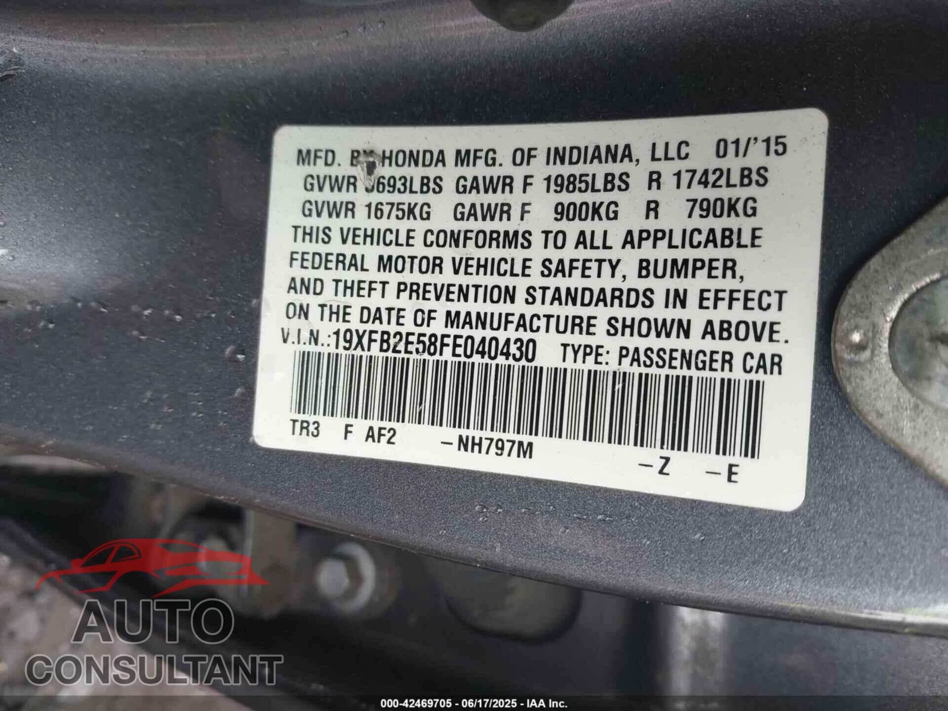 HONDA CIVIC 2015 - 19XFB2E58FE040430