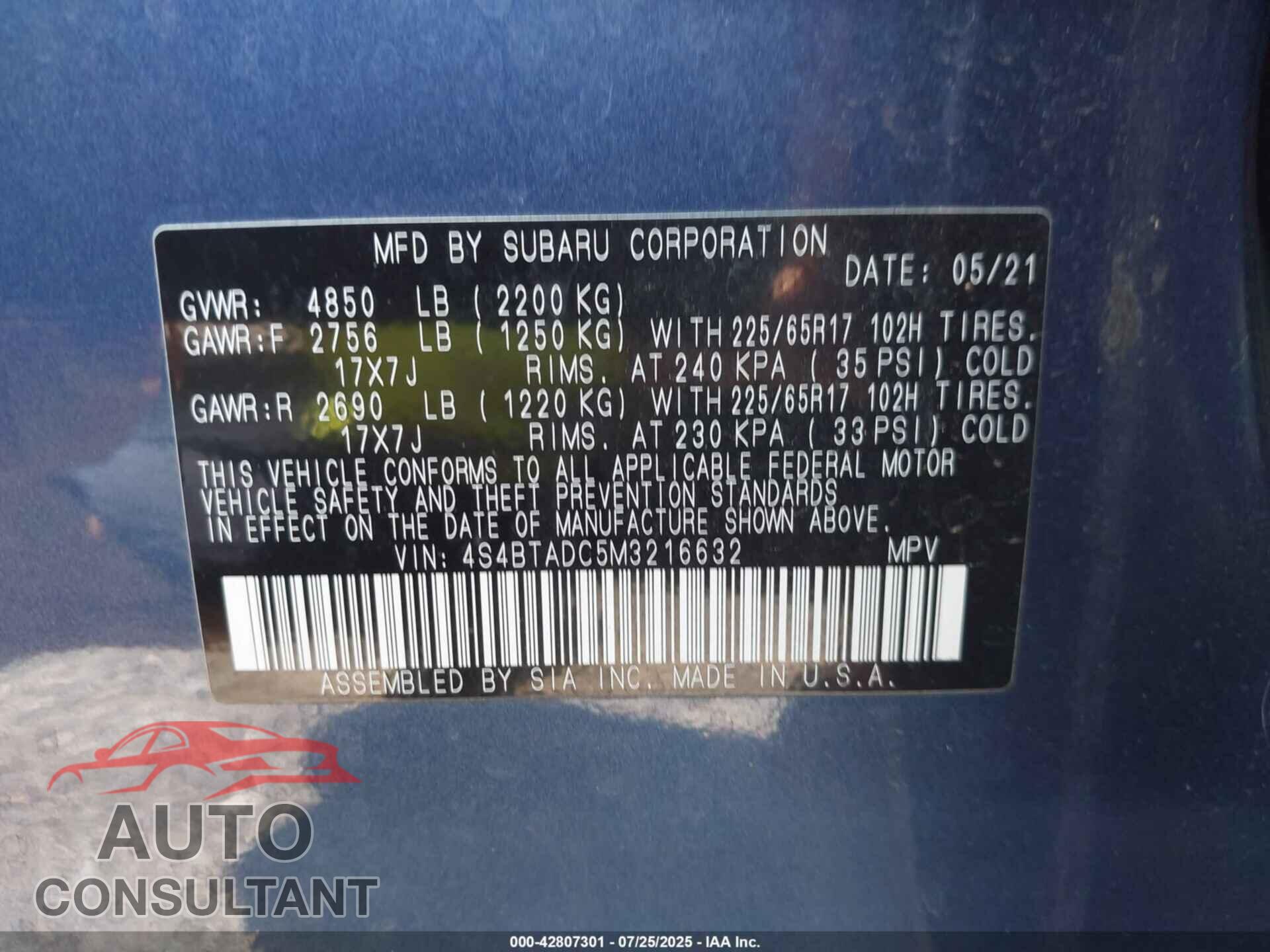 SUBARU OUTBACK 2021 - 4S4BTADC5M3216632