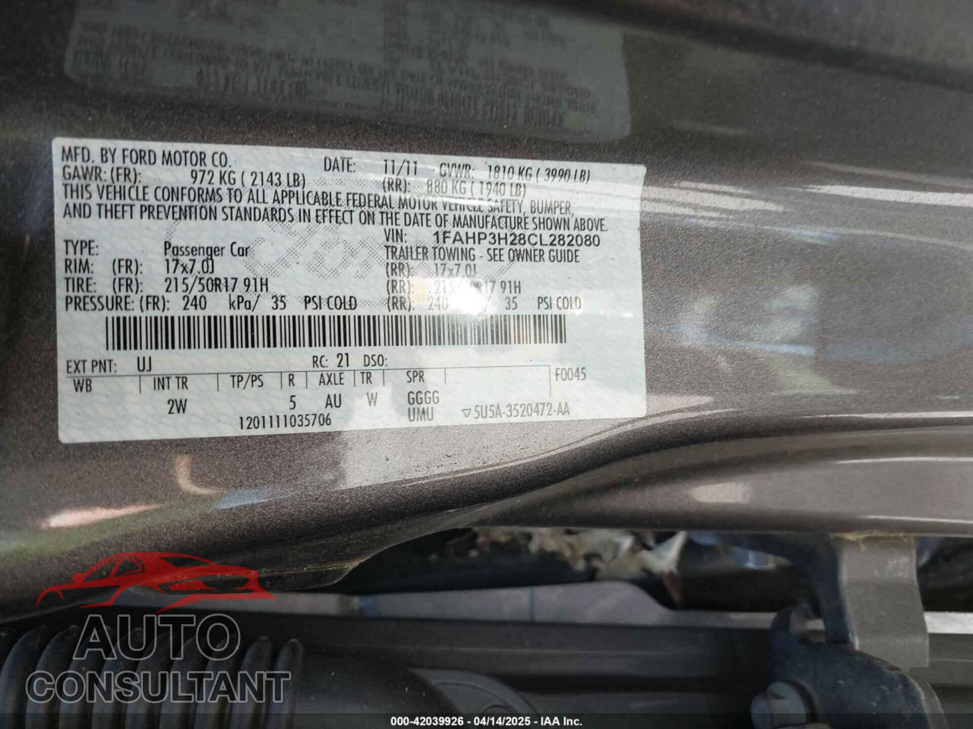 FORD FOCUS 2012 - 1FAHP3H28CL282080