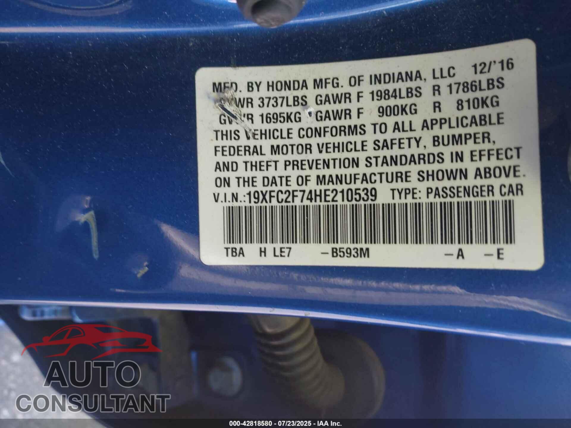 HONDA CIVIC 2017 - 19XFC2F74HE210539