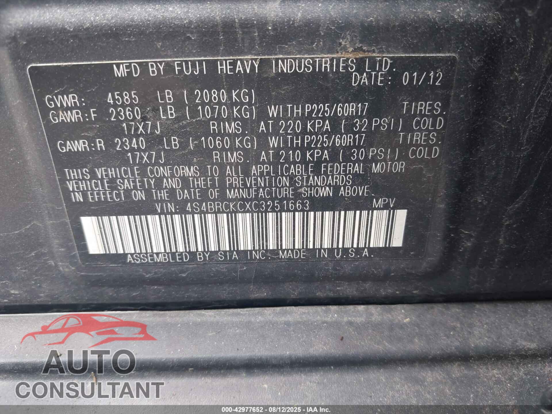 SUBARU OUTBACK 2012 - 4S4BRCKCXC3251663