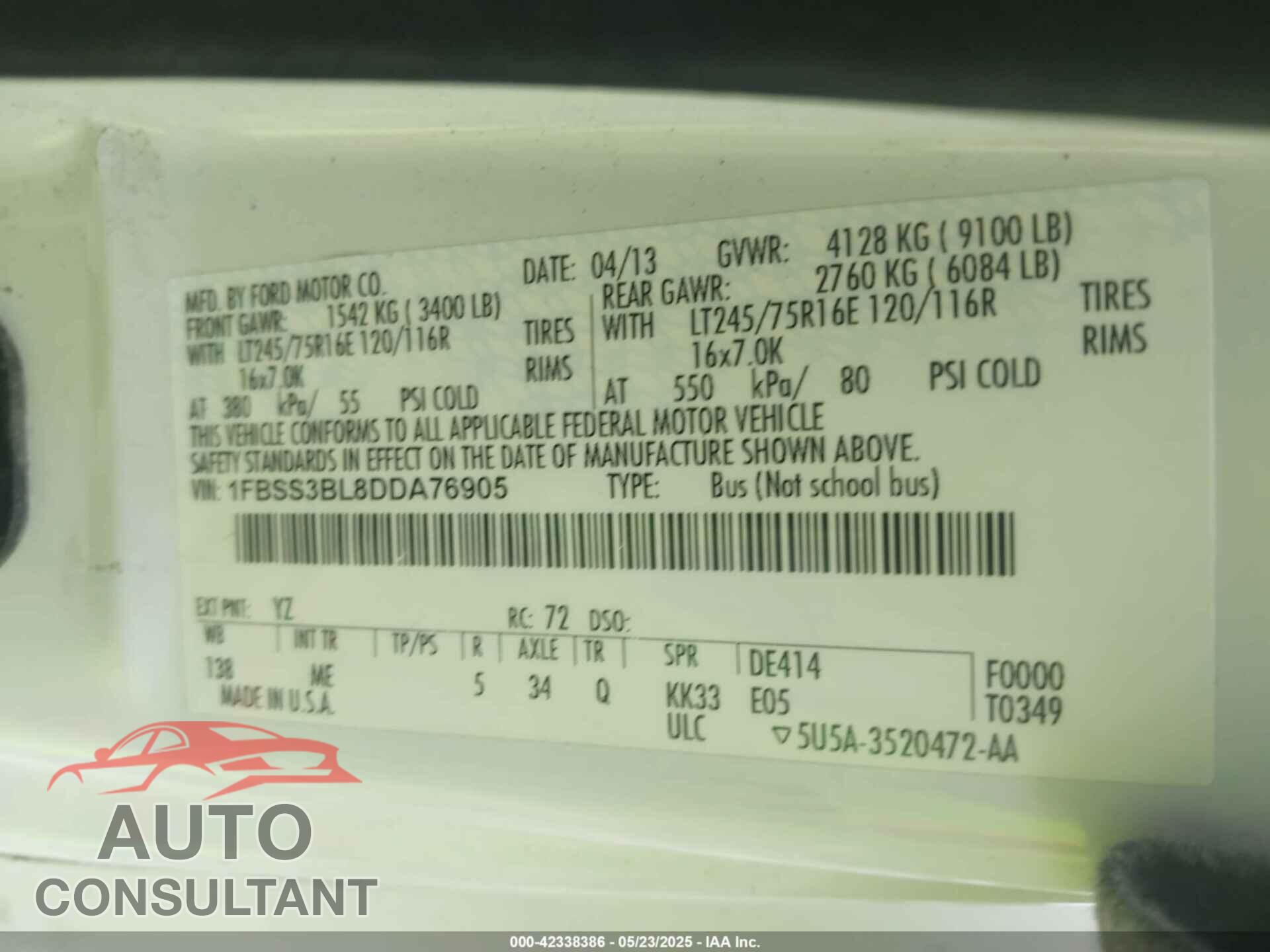 FORD E-350 SUPER DUTY 2013 - 1FBSS3BL8DDA76905