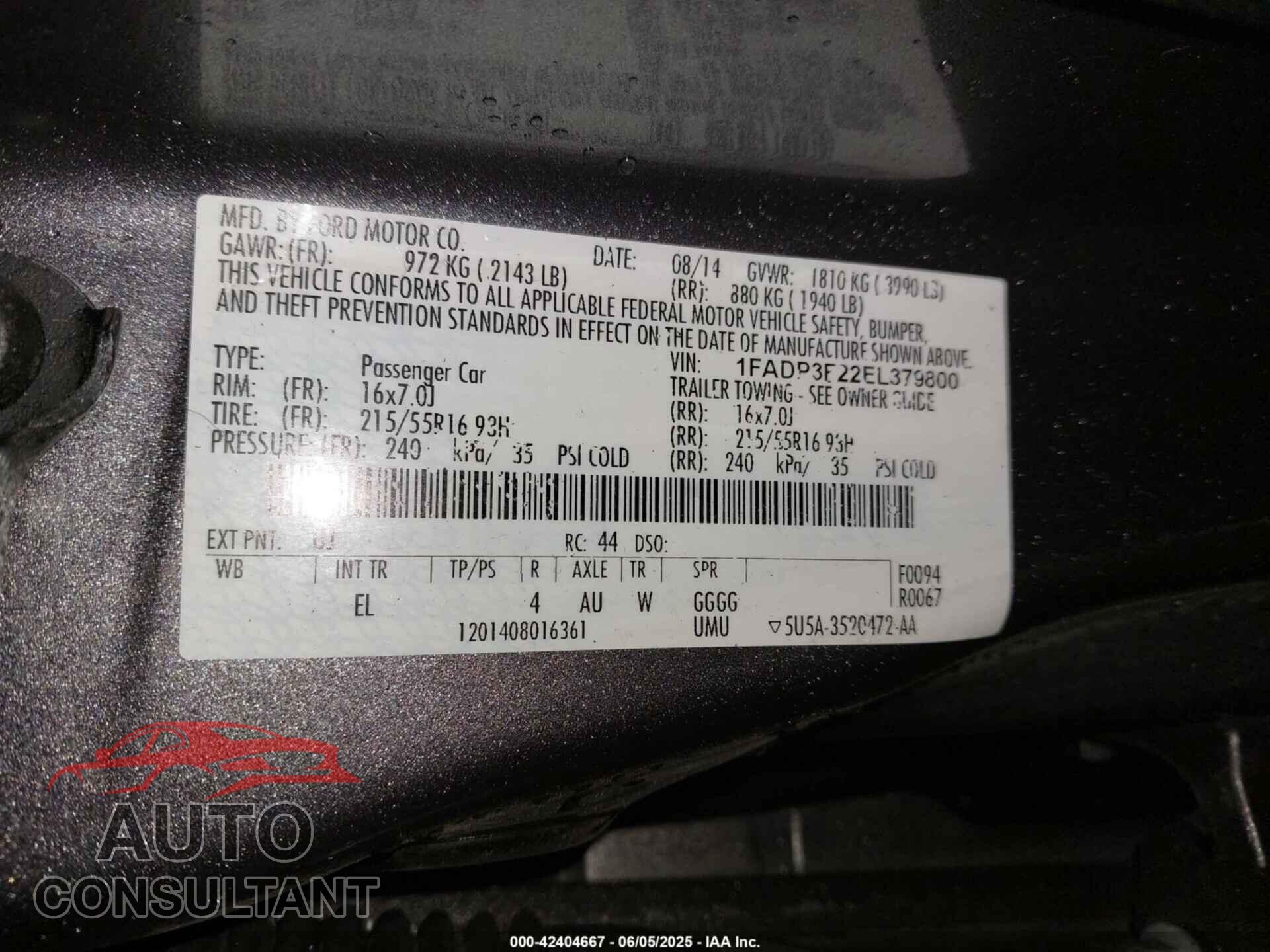 FORD FOCUS 2014 - 1FADP3F22EL379800