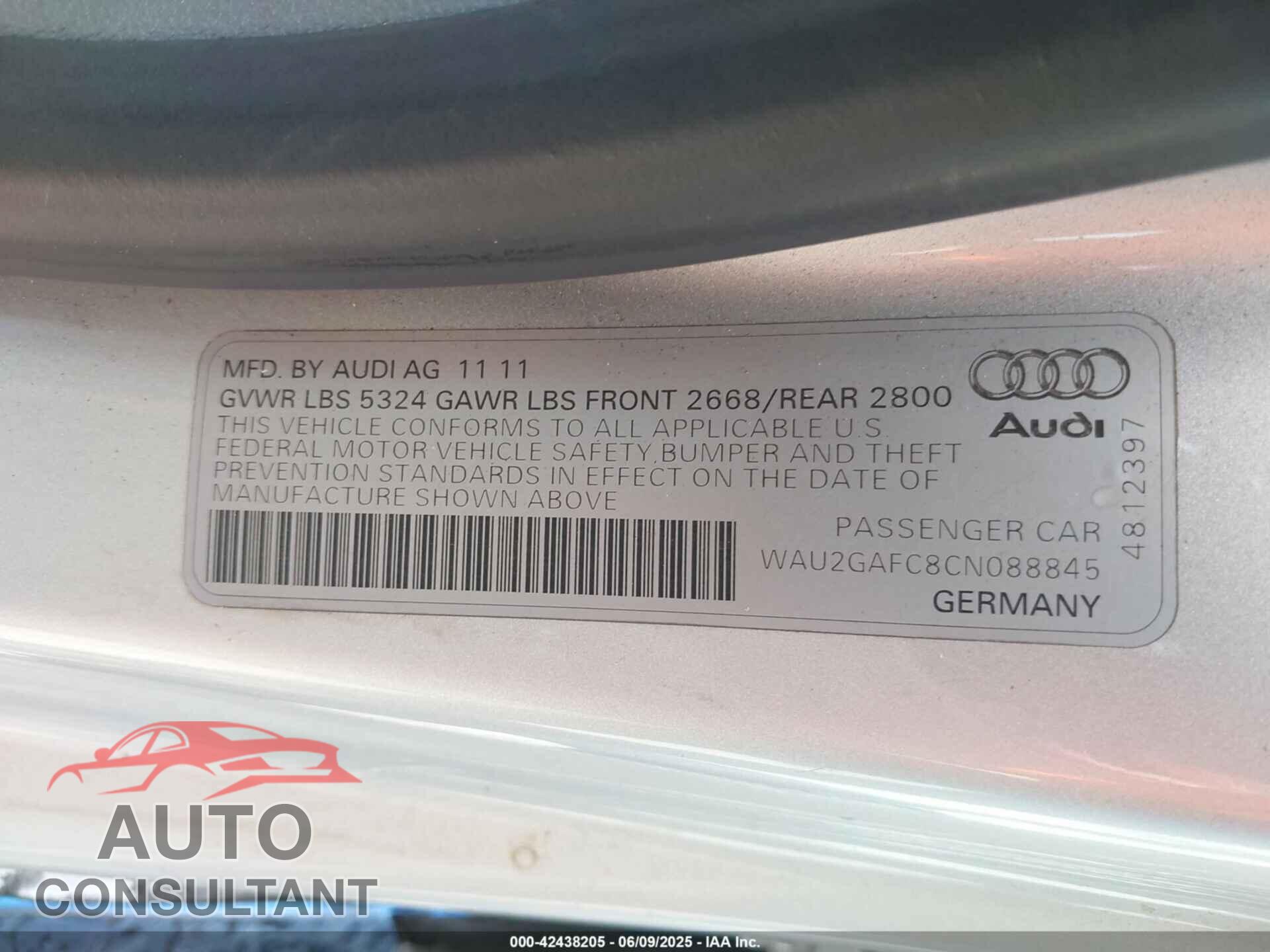 AUDI A7 2012 - WAU2GAFC8CN088845