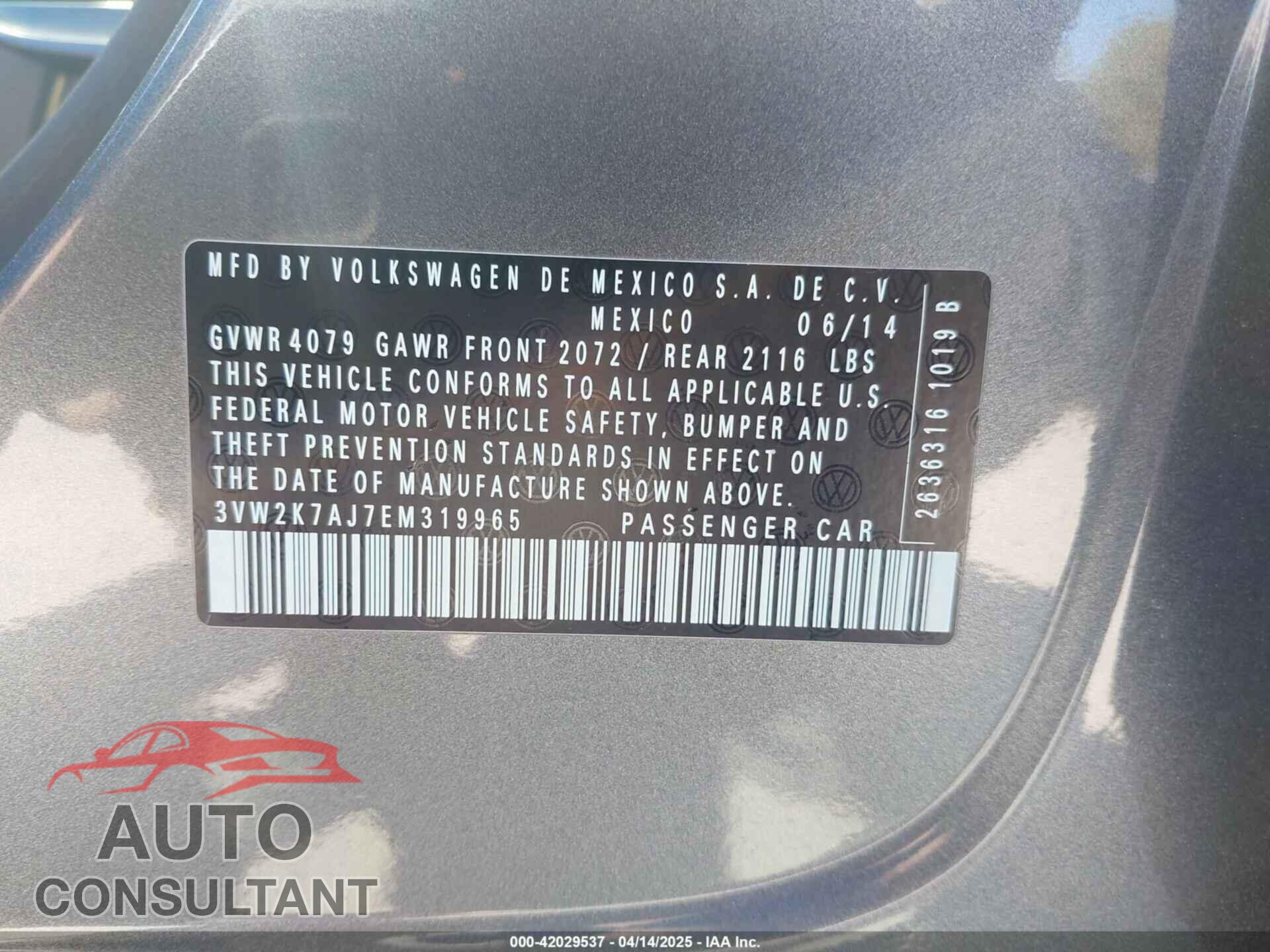 VOLKSWAGEN JETTA 2014 - 3VW2K7AJ7EM319965