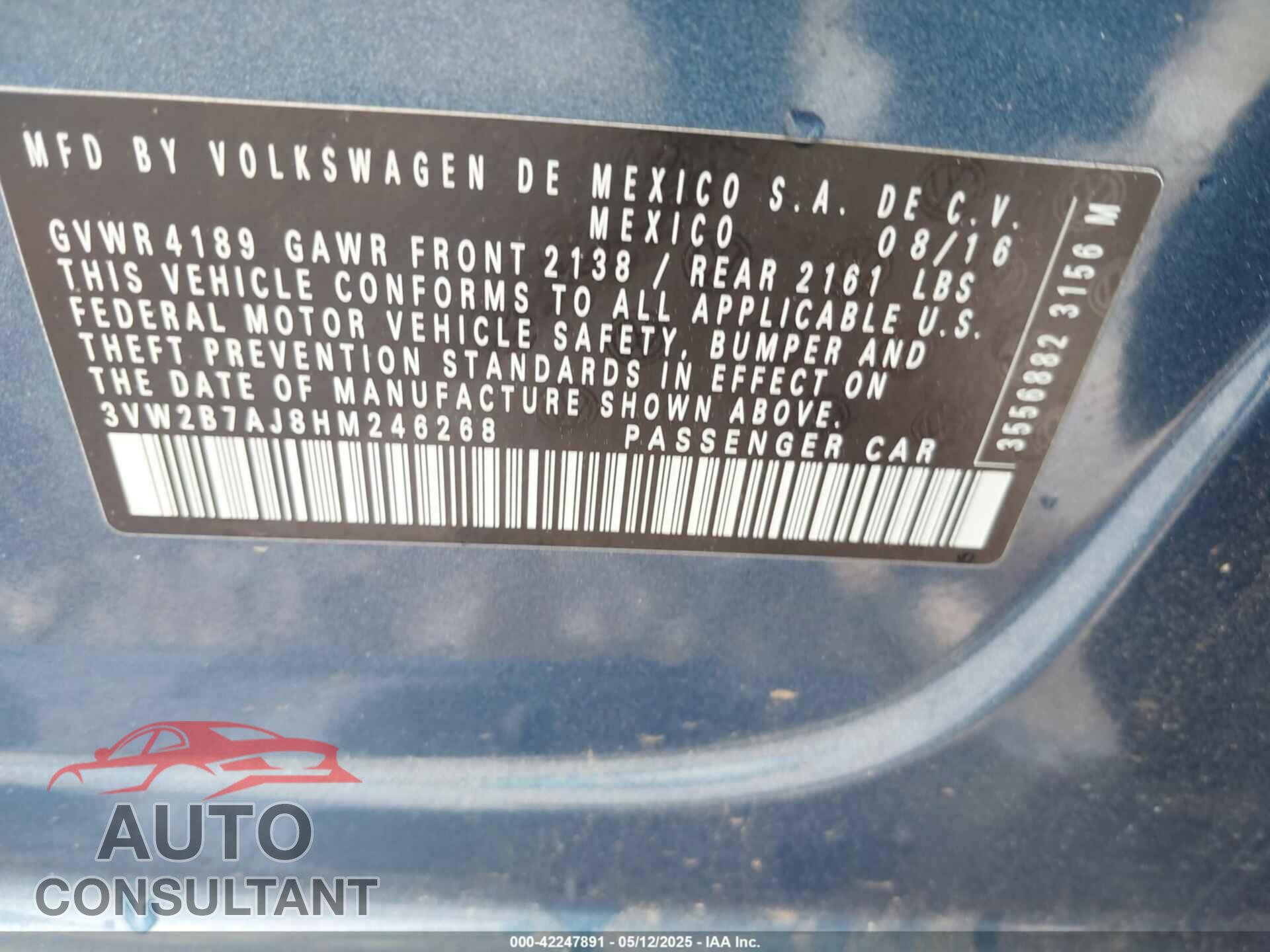 VOLKSWAGEN JETTA 2017 - 3VW2B7AJ8HM246268