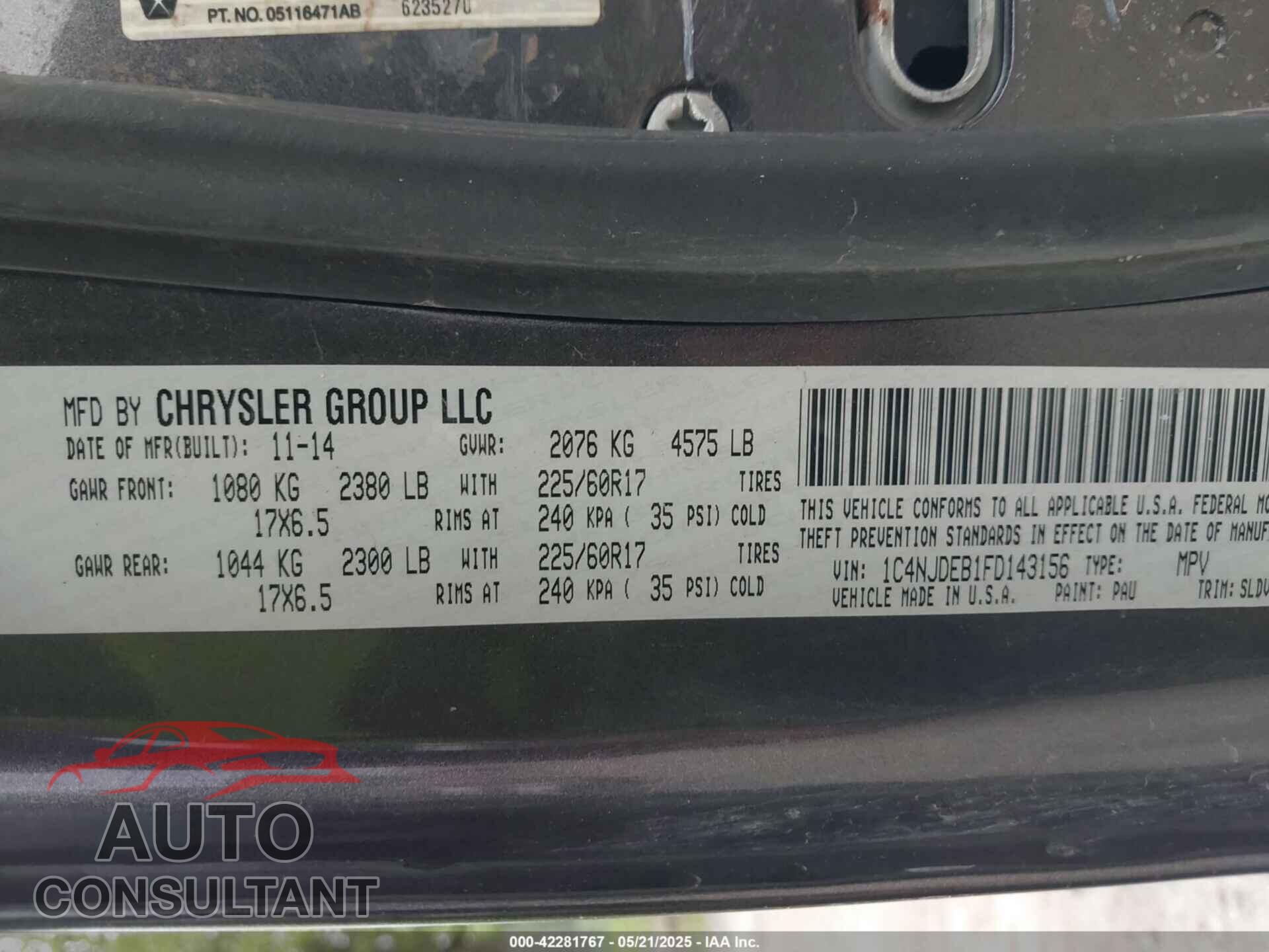 JEEP COMPASS 2015 - 1C4NJDEB1FD143156