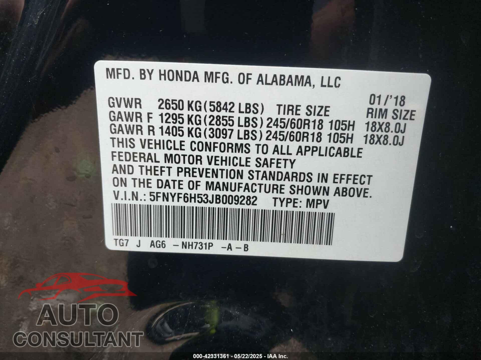 HONDA PILOT 2018 - 5FNYF6H53JB009282