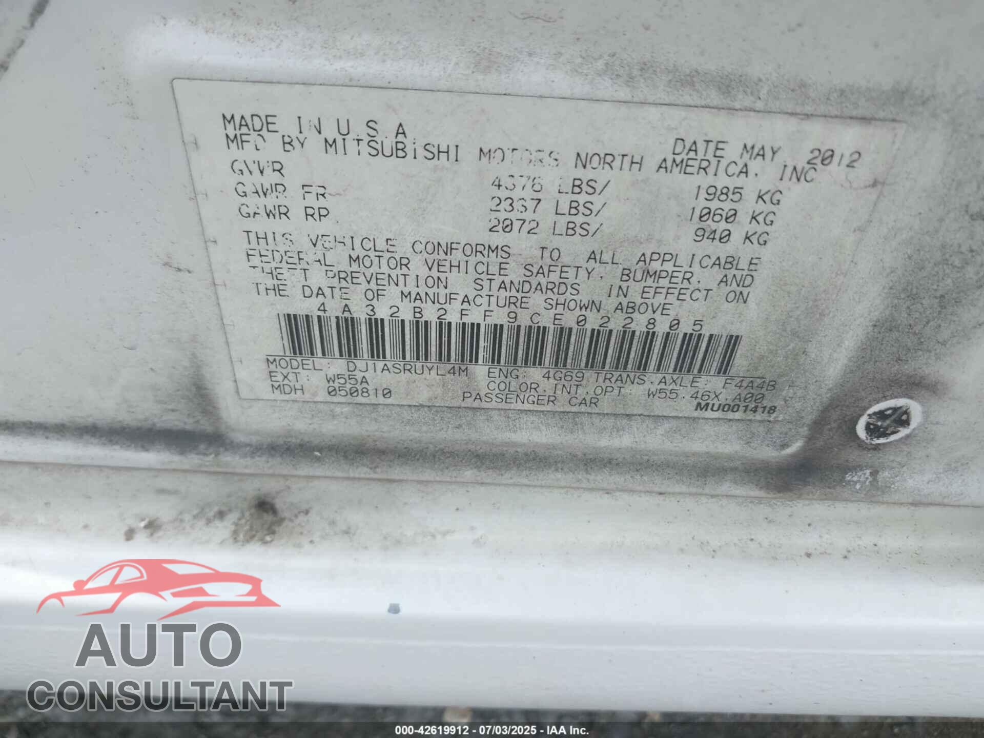MITSUBISHI GALANT 2012 - 4A32B2FF9CE022805