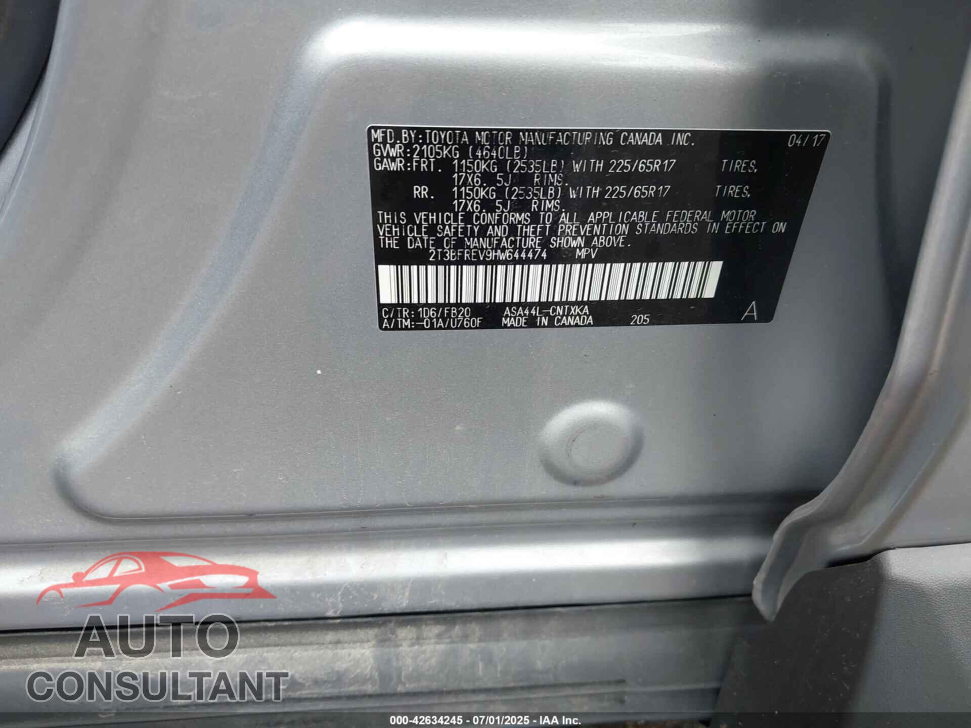 TOYOTA RAV4 2017 - 2T3BFREV9HW644474