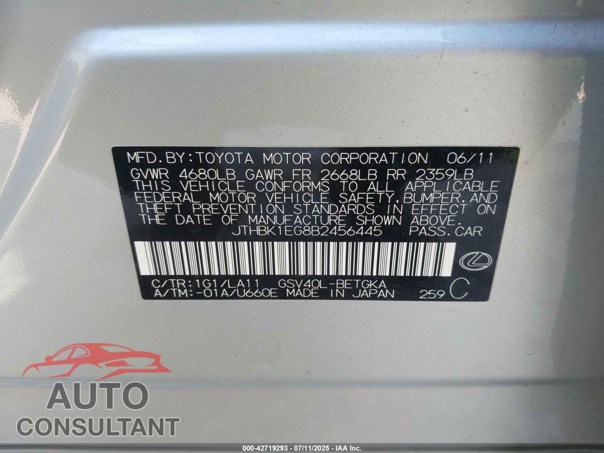 LEXUS ES 350 2011 - JTHBK1EG8B2456445