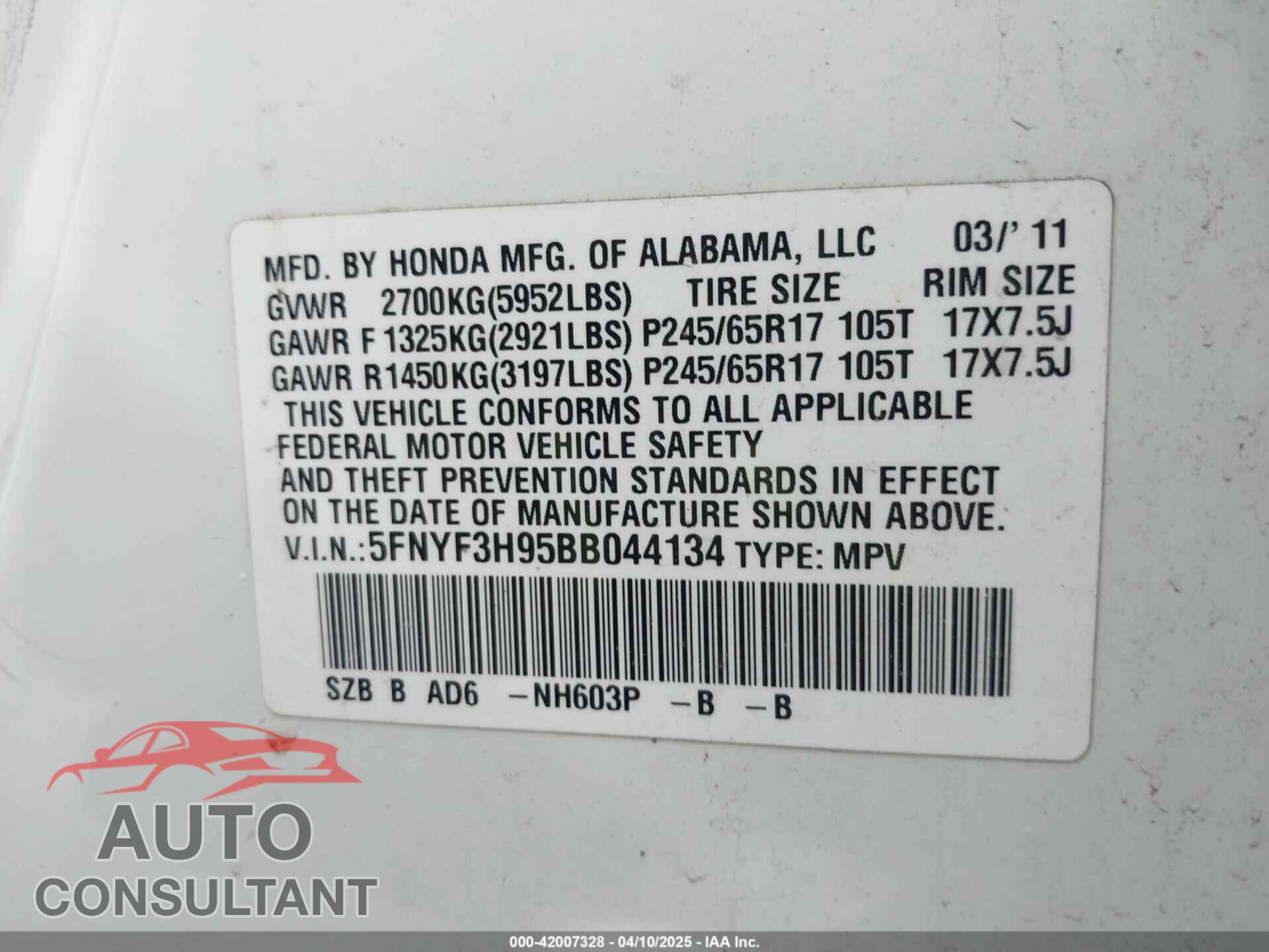 HONDA PILOT 2011 - 5FNYF3H95BB044134