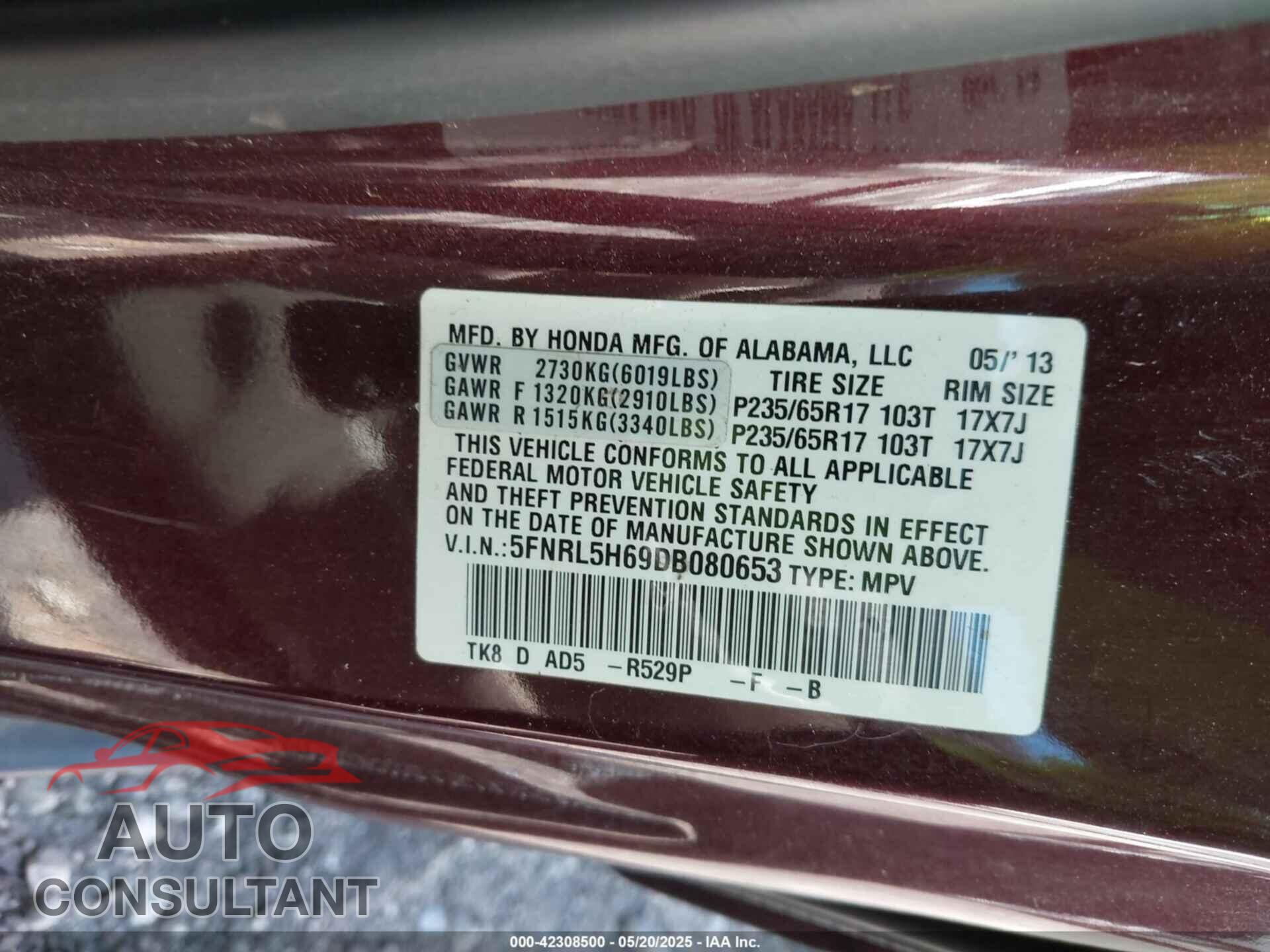 HONDA ODYSSEY 2013 - 5FNRL5H69DB080653