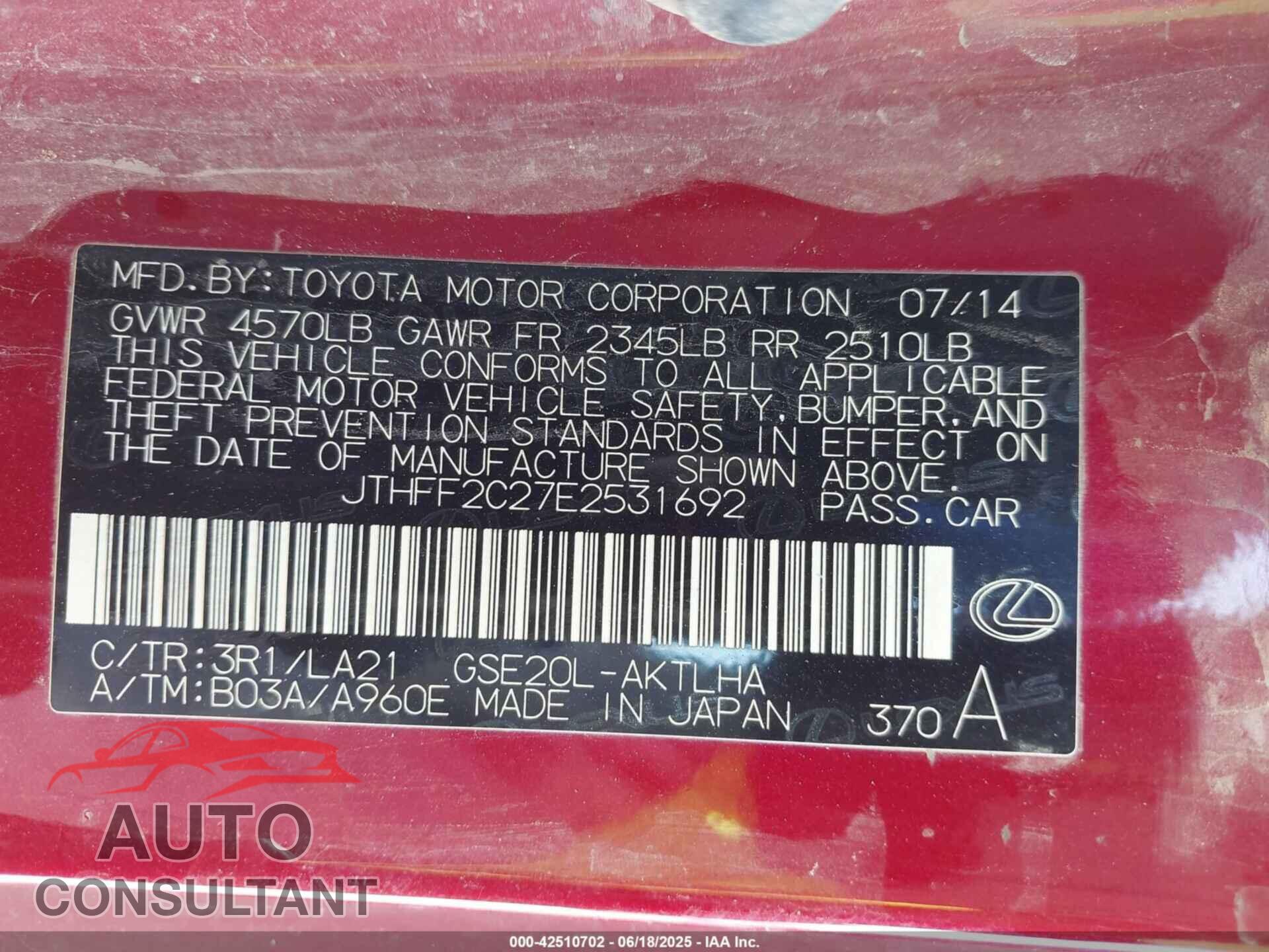 LEXUS IS 250C 2014 - JTHFF2C27E2531692