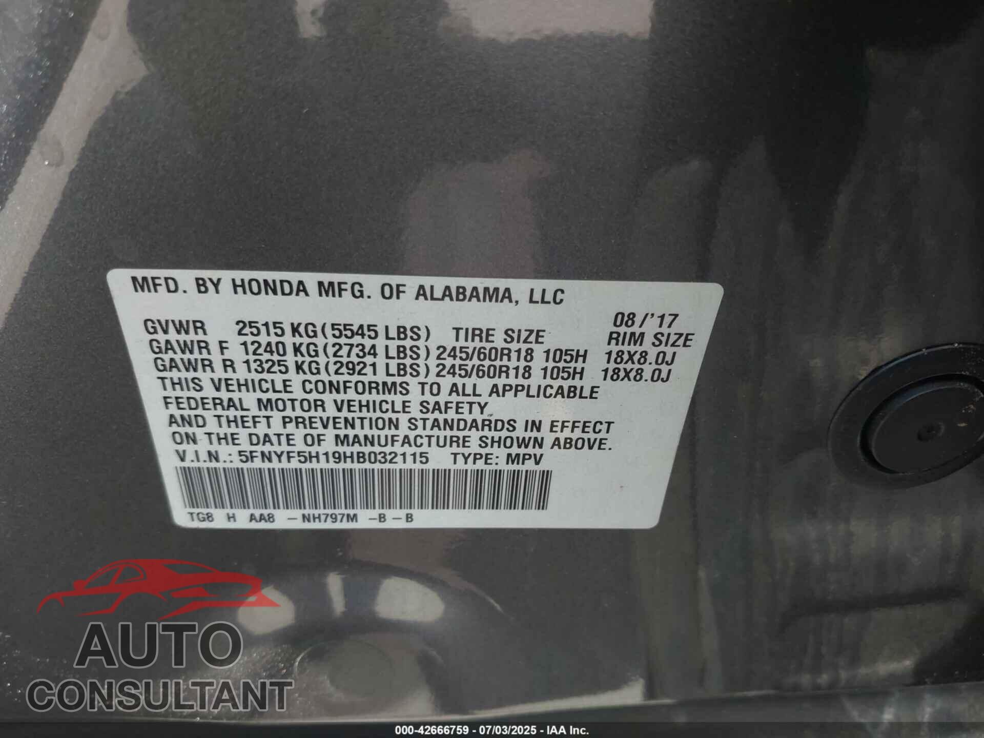 HONDA PILOT 2017 - 5FNYF5H19HB032115