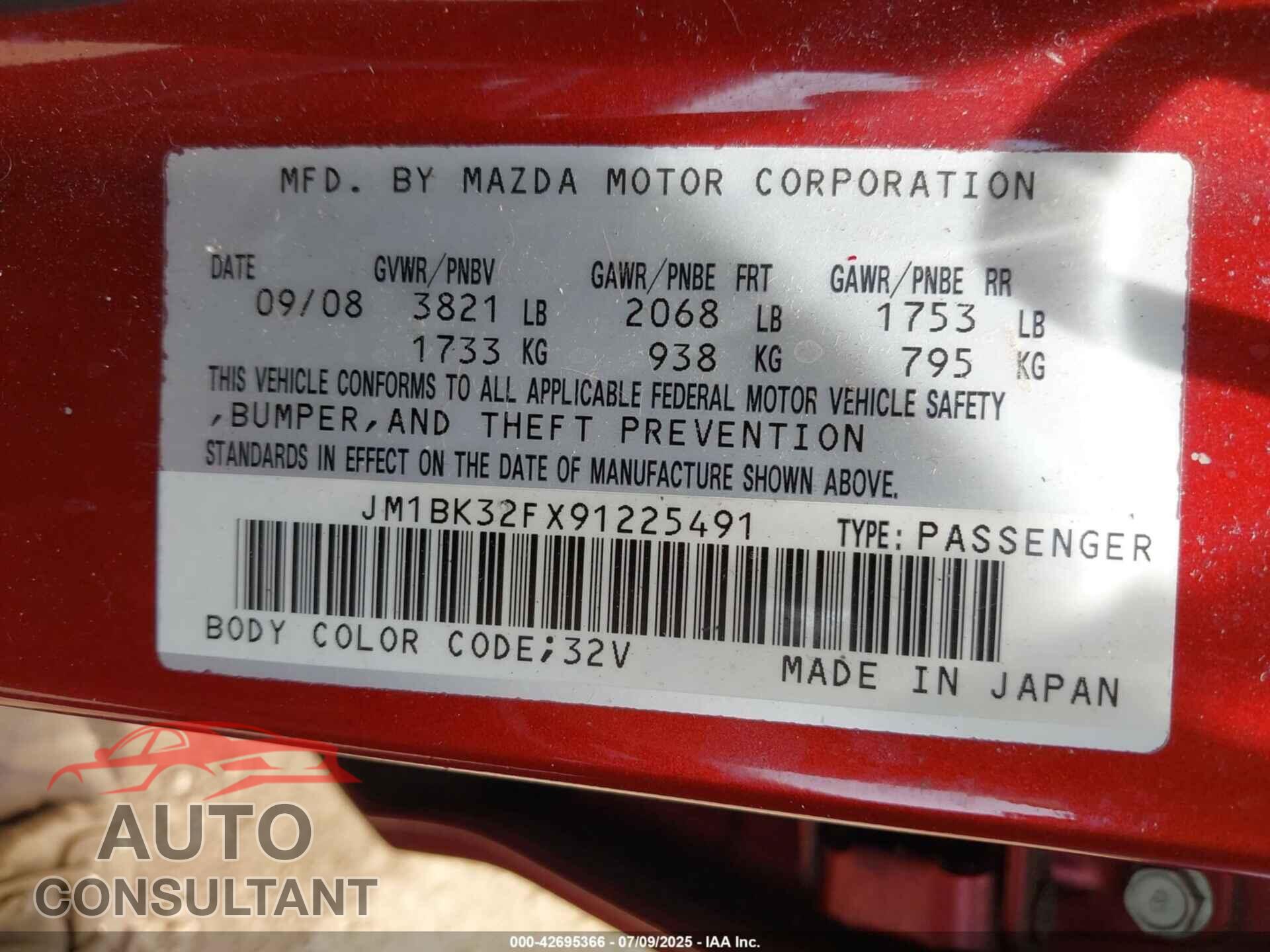 MAZDA MAZDA3 2009 - JM1BK32FX91225491