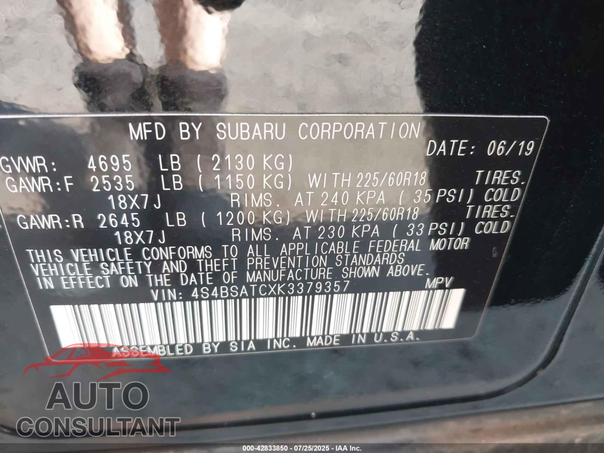 SUBARU OUTBACK 2019 - 4S4BSATCXK3379357