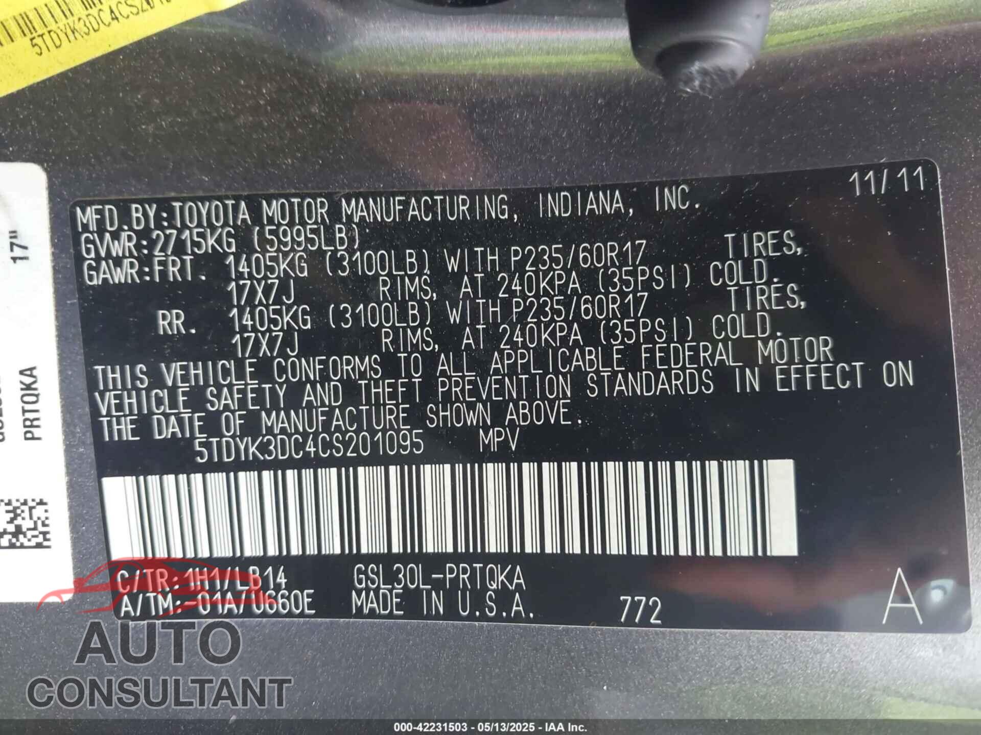 TOYOTA SIENNA 2012 - 5TDYK3DC4CS201095