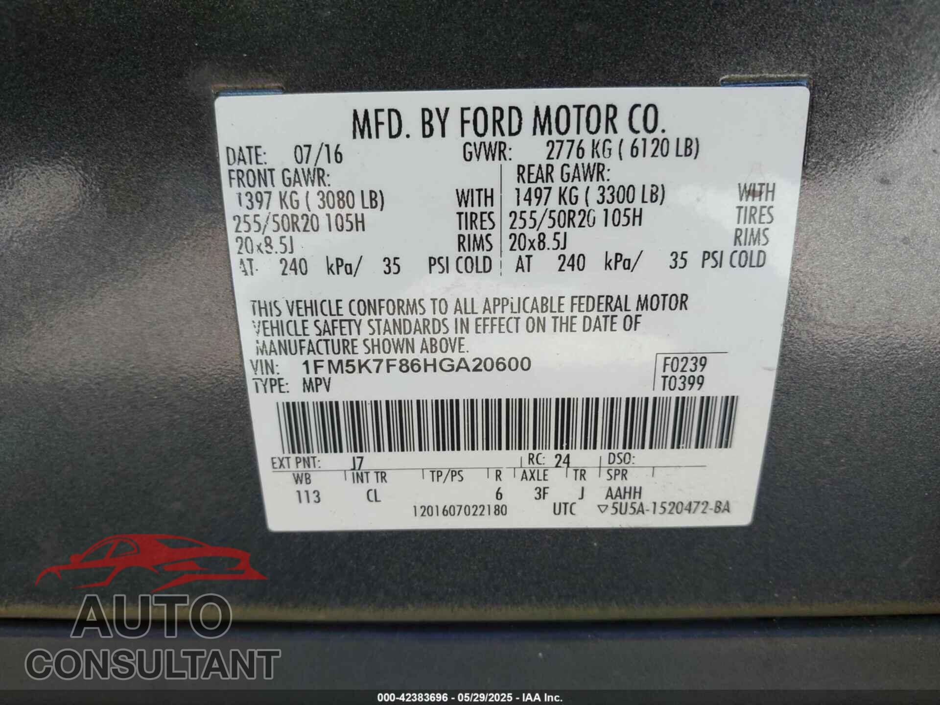 FORD EXPLORER 2017 - 1FM5K7F86HGA20600