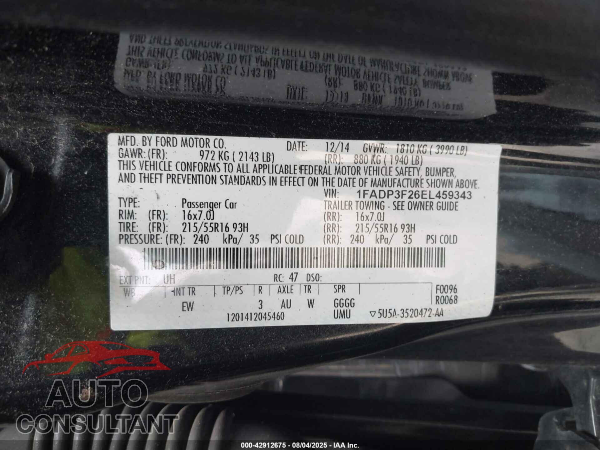 FORD FOCUS 2014 - 1FADP3F26EL459343