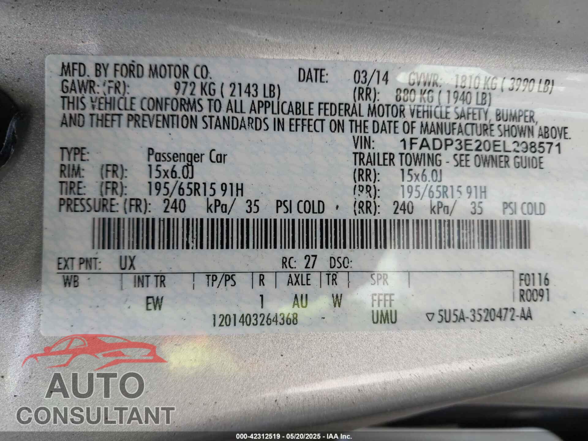 FORD FOCUS 2014 - 1FADP3E20EL298571