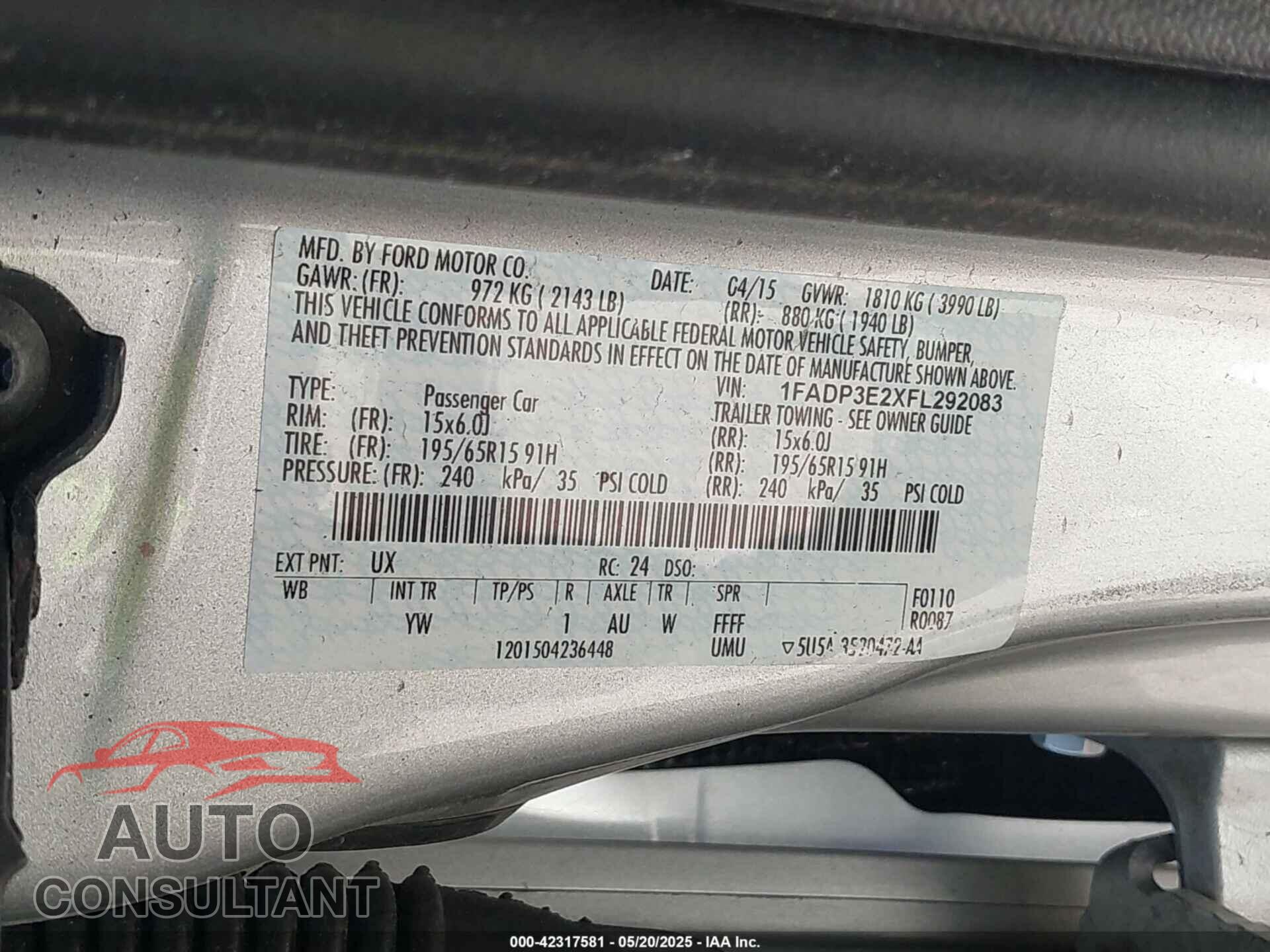 FORD FOCUS 2015 - 1FADP3E2XFL292083