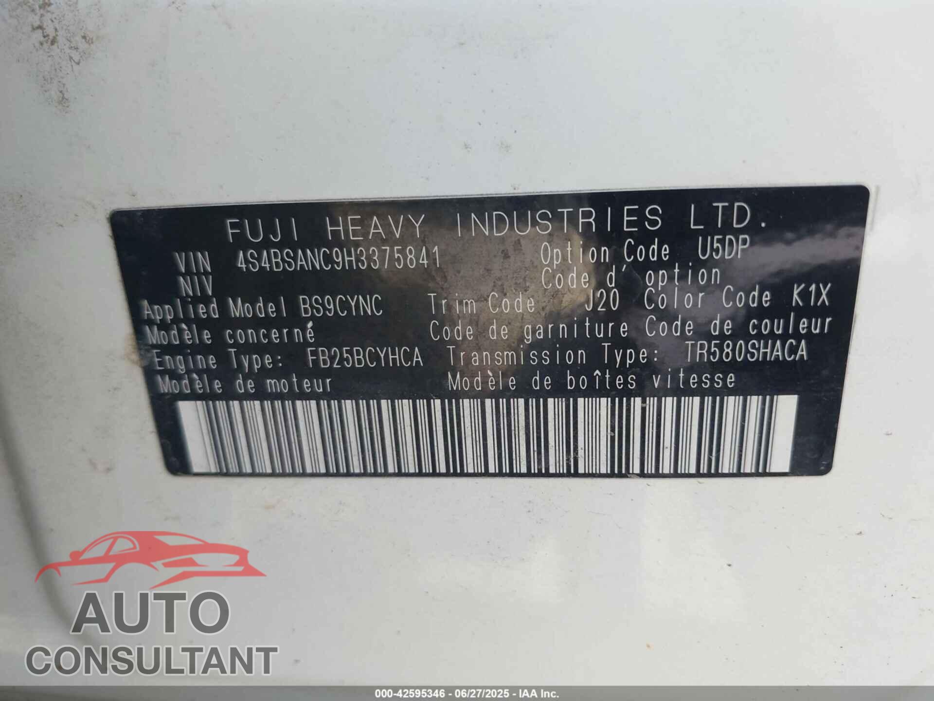 SUBARU OUTBACK 2017 - 4S4BSANC9H3375841