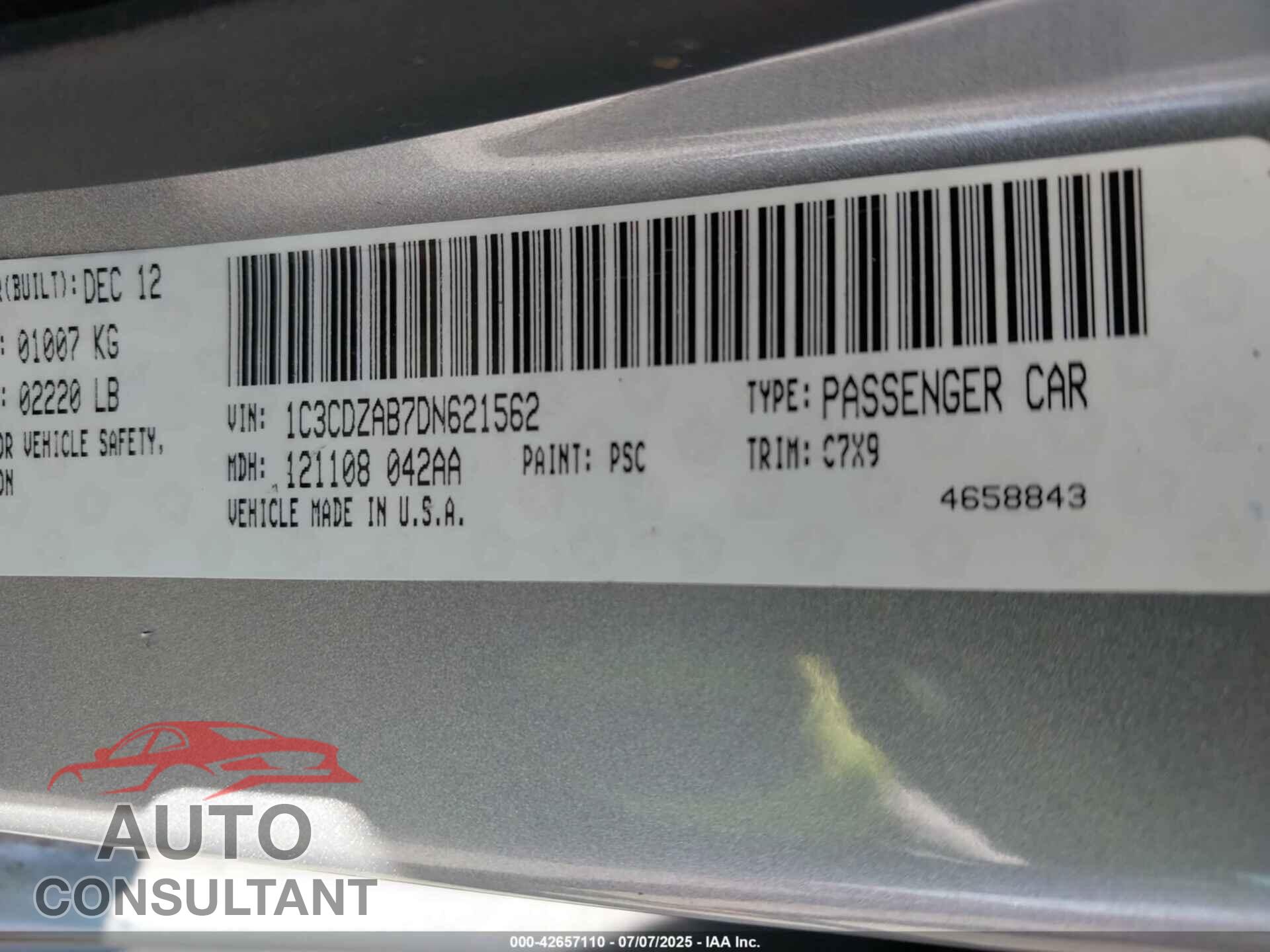 DODGE AVENGER 2013 - 1C3CDZAB7DN621562